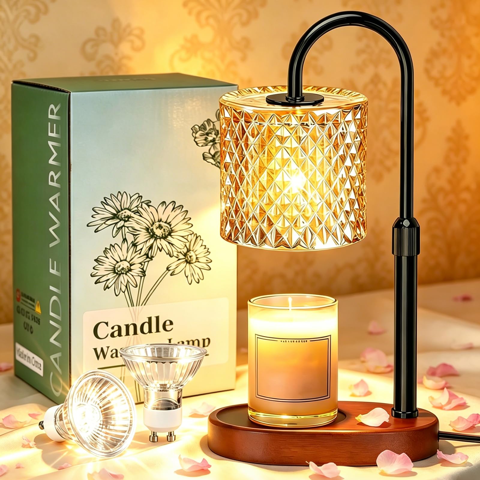 Candle Warmer Lamp with Timer, Candle Warmer with 2 Bulbs, Dimmable Wax Melt Burners, Wax Warmer, Candle Gold Lamp Warmer Height Adjustable, Gifts for Women, New Home House Warming Gifts, Home Decor