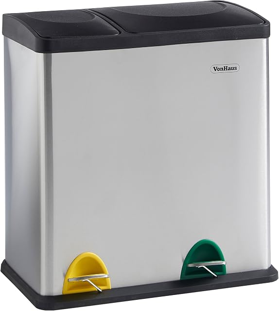 VonHaus 36L Waste & Recycling Kitchen Bin, Stainless Steel 2 Compartment Coloured Pedal Bin w/ Non Slip Base & Removable Inner Bins (1 x 12L, 1 x 24L)