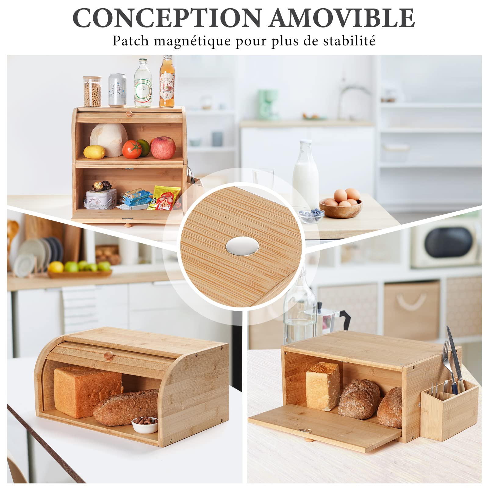 GUUSII HOME Boite a Pain Bois Grande Capacité Boîte à Pain de mie Bambou Huche a Pain Moderne pour Cuisine Countertop 38 x 25 x 36 cm Double Couche Empilable