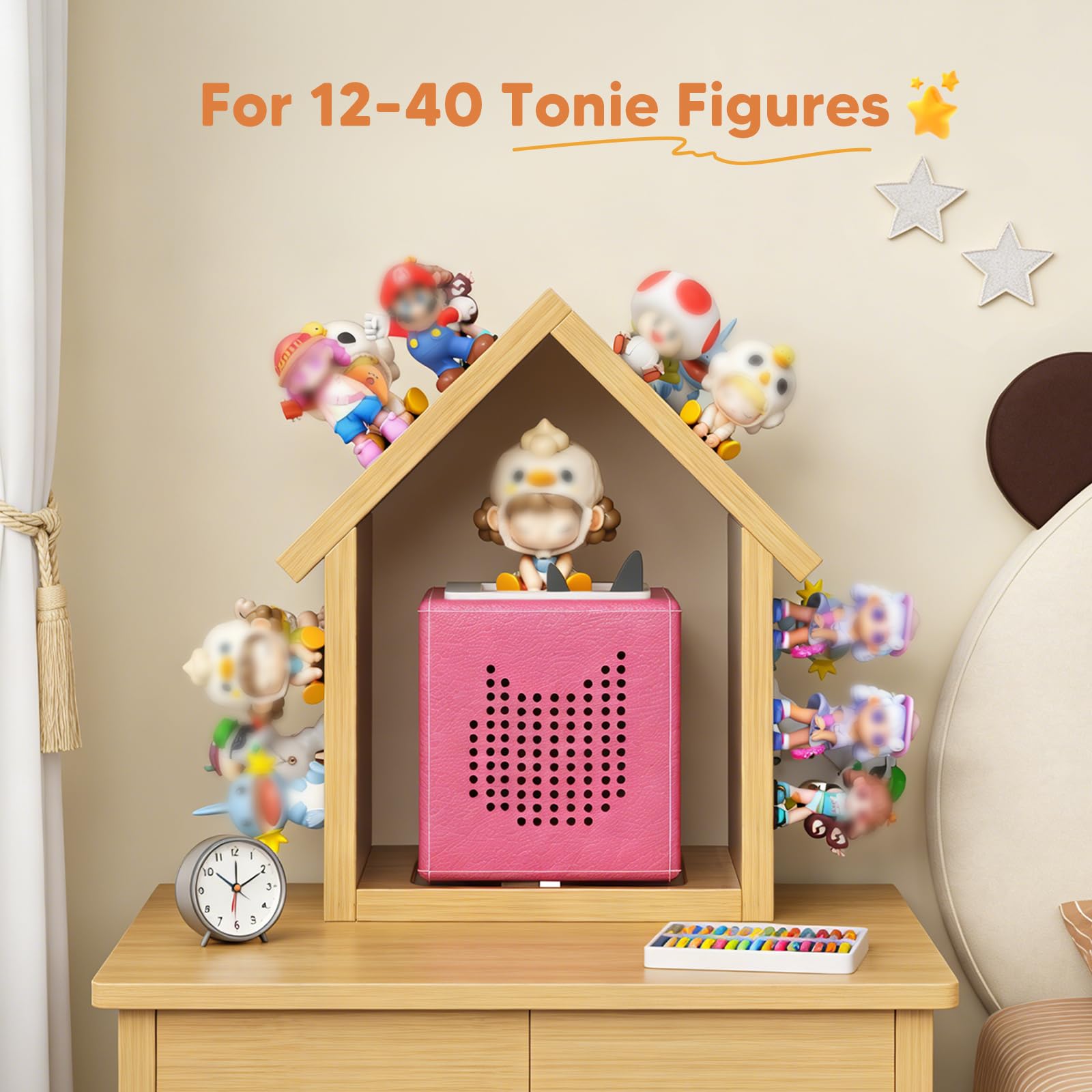 Étagère murale en bois pour figurines Tonies (12 à 40 pièces), étagère murale avec bandes magnétiques pour le rangement, étagère de présentation pour Tonies & Toniebox, design maison (moyen)