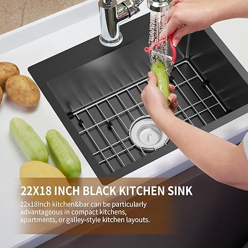 Miniatura 7 de Fregadero de cocina y bar negro de 22 x 18 pulgadas, fregadero de cocina de acero inoxidable con rejilla inferior, tapete de silicona y conjunto de