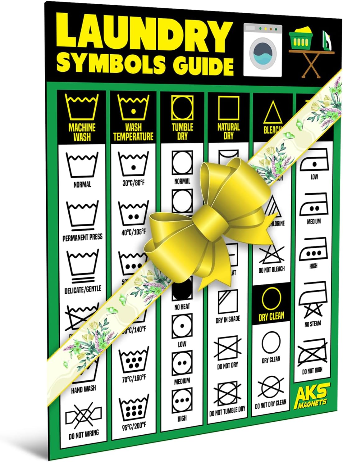 Laundry Symbols Guide Magnet - Extra Large Easy to Read 8.5” x 11” Clothing Care Instruction Cheat Sheet – Washing, Drying, Ironing & Bleaching Accessory - Functional Modern Laundry Room Art Decor