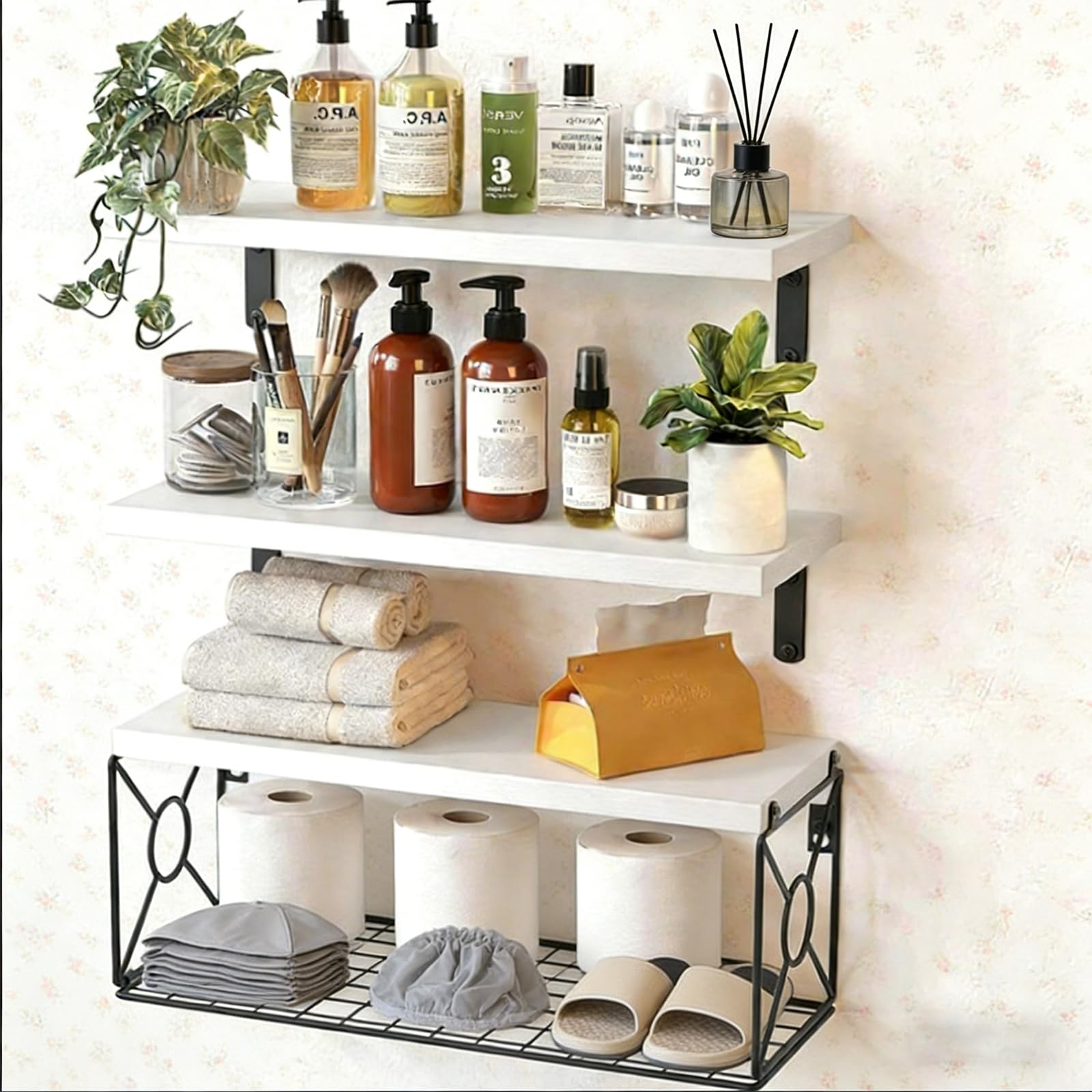 Mensole sospese decorative che uniscono il fascino rustico per una conservazione efficiente in soggiorno o bagno