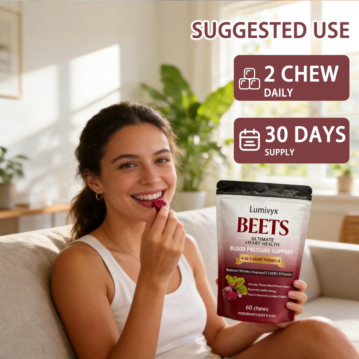 Beet Chews,Beetroot Powder, CoQ10, Essential B Vitamins, and Grapeseed Extract，60 Count