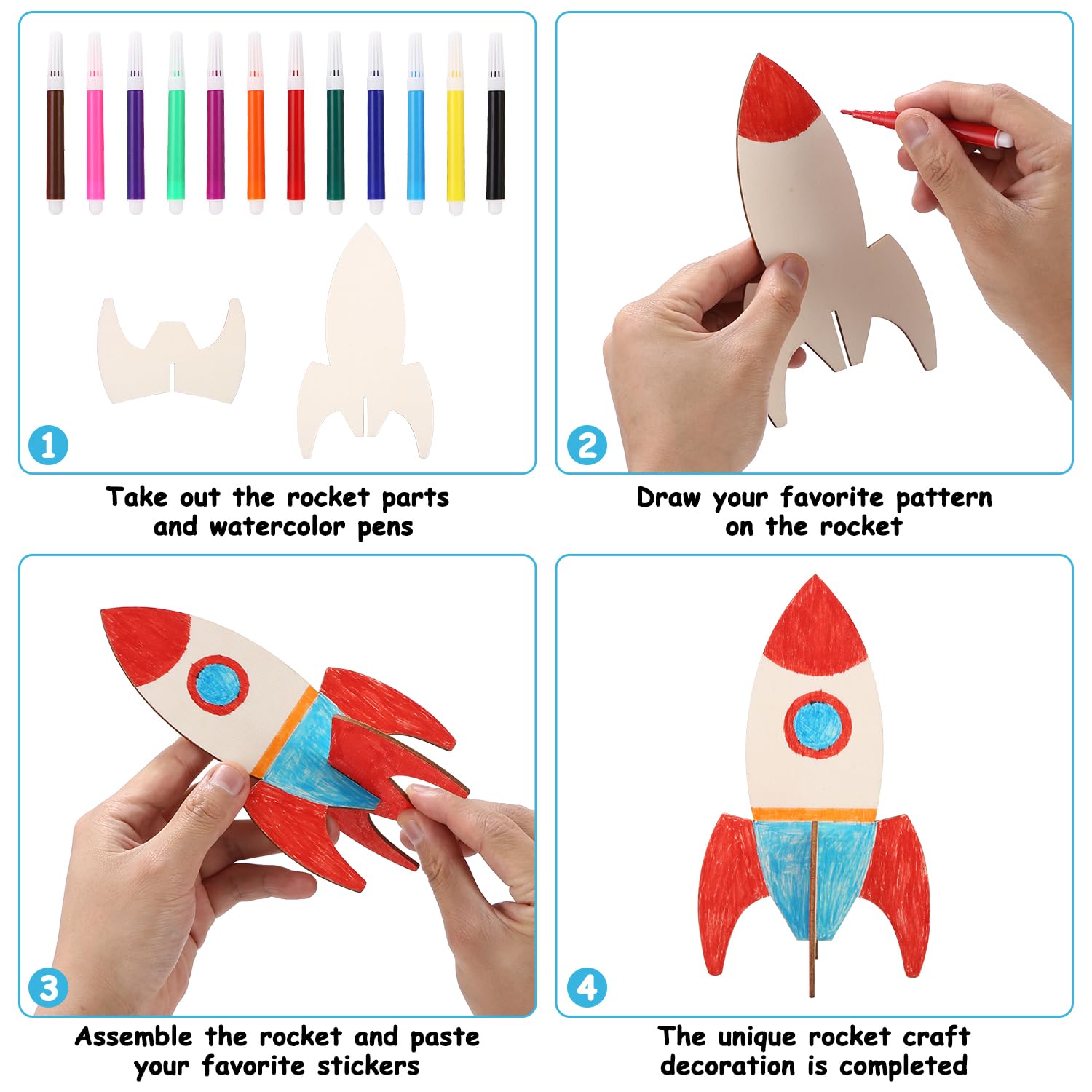 Kit De 12 Fusées En Bois à Peindre Pour Enfants - Activité Créative DIY, Avec Autocollants Et Crayons
