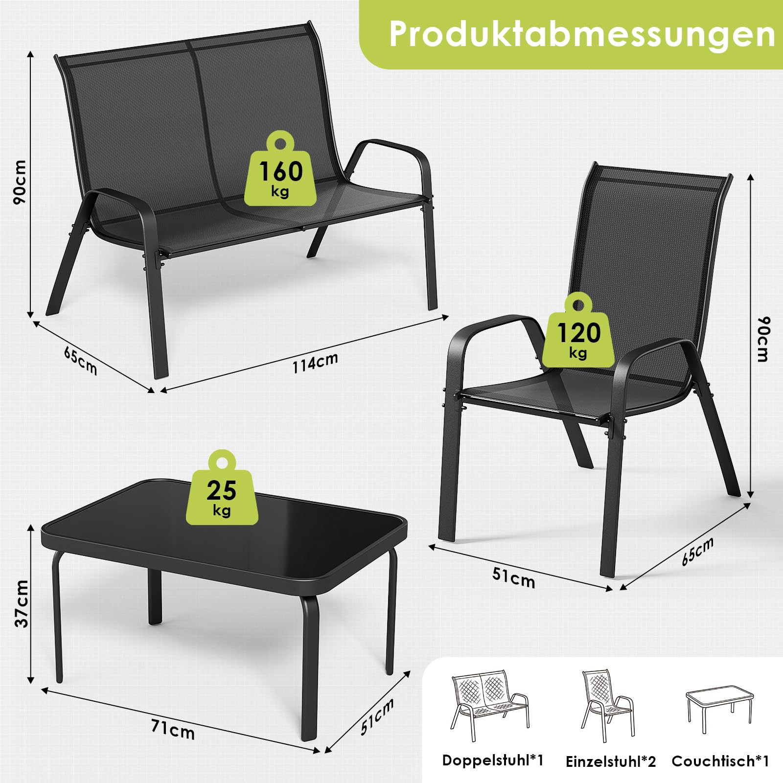 LIFERUN Gartenmöbel Set 4-teilig für 4 Personen, Modern Sitzgruppe Outdoor | Balkonmöbel mit 1 Gartenbank, 2 Stühlen & 1 Glastisch, Wetterfeste Textilene, Lounge für Kleiner Balkon & Terrasse (Schwarz)