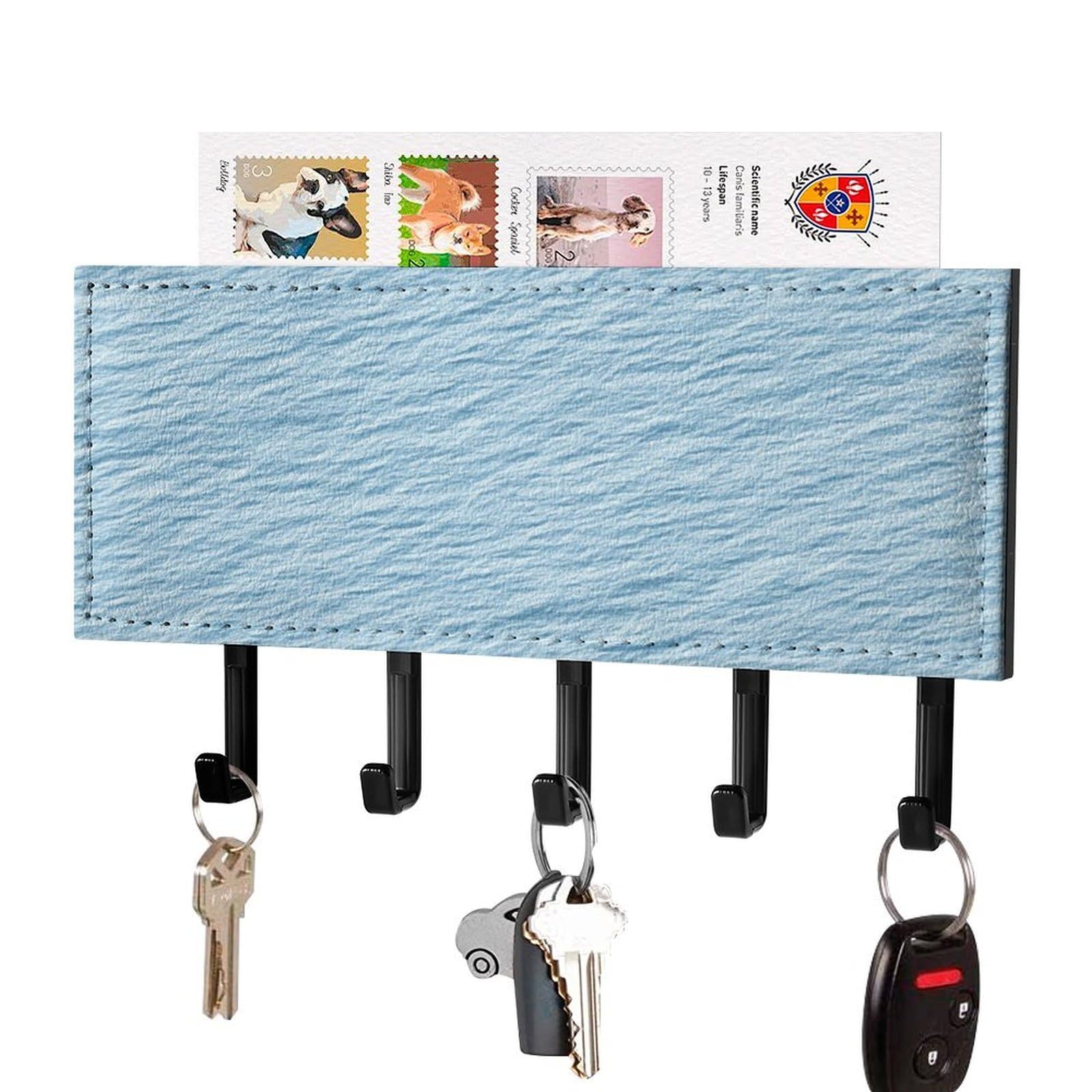 Jubonexis Plain Pastel Blue Paper Texture Wall Mount with 5 Hooks Acrylic Key Rack for Home Office Entryway