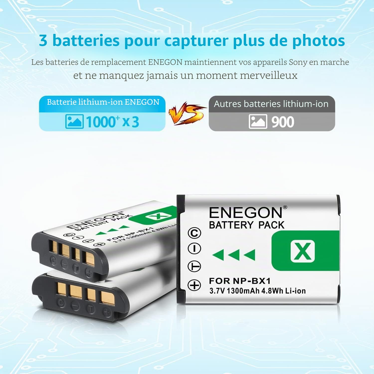 ENEGON NP-BX1 Lot de 3 Batteries 1300 mAh et Chargeur LCD pour Sony NP-BX1 et Sony ZV-1, Cyber-Shot DSC-RX100, DSC-RX100 II/III/M4/M5/M6/M7////VA, DSC-RX100M II, HDR-CX44