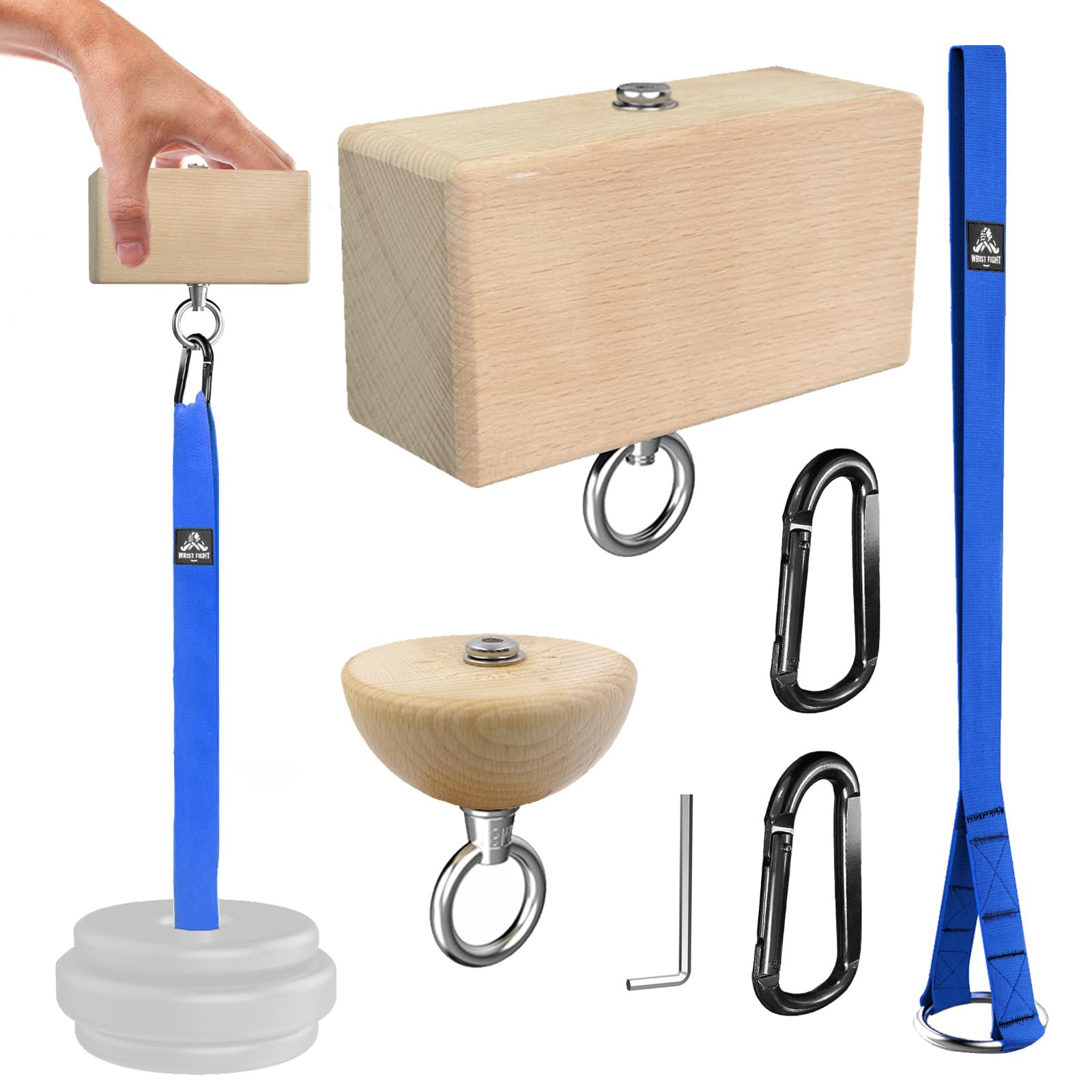 Pinch Grip Krafttrainer Set - Buchenholz Rechteck Block & Dual-Use Half Ball - mit verlängertem Gurt-Ladesystem für Hand-, Finger- & Armring-Training