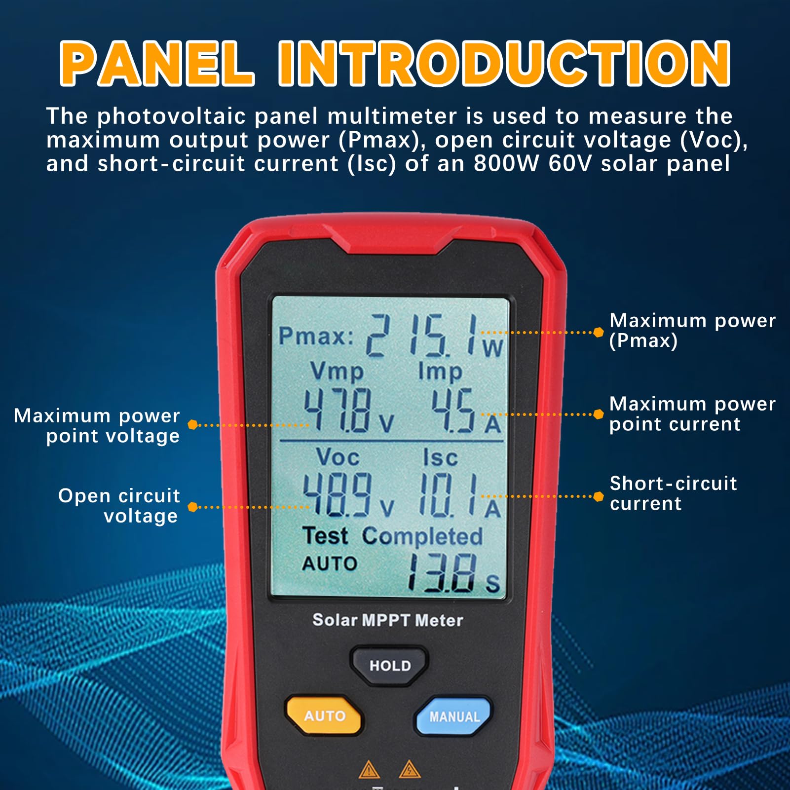 Buyweek Tester for pannelli solari Multimetro fotovoltaico da 800 W con display LCD, misuratore di potenza for pannelli solari MPPT