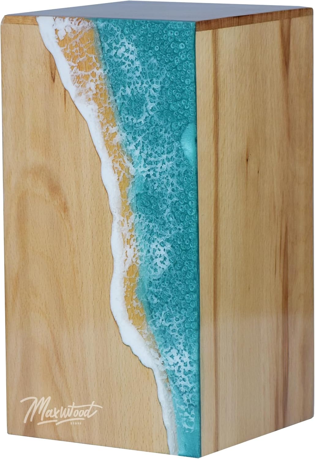 Beach Wood Urn Box with Resin Ocean Wave Design – Handmade Memorial Box for Ashes – Unique Wooden Cremation Urn with Coastal Theme (L (11"X6"X6") 250 Cubic Inches)