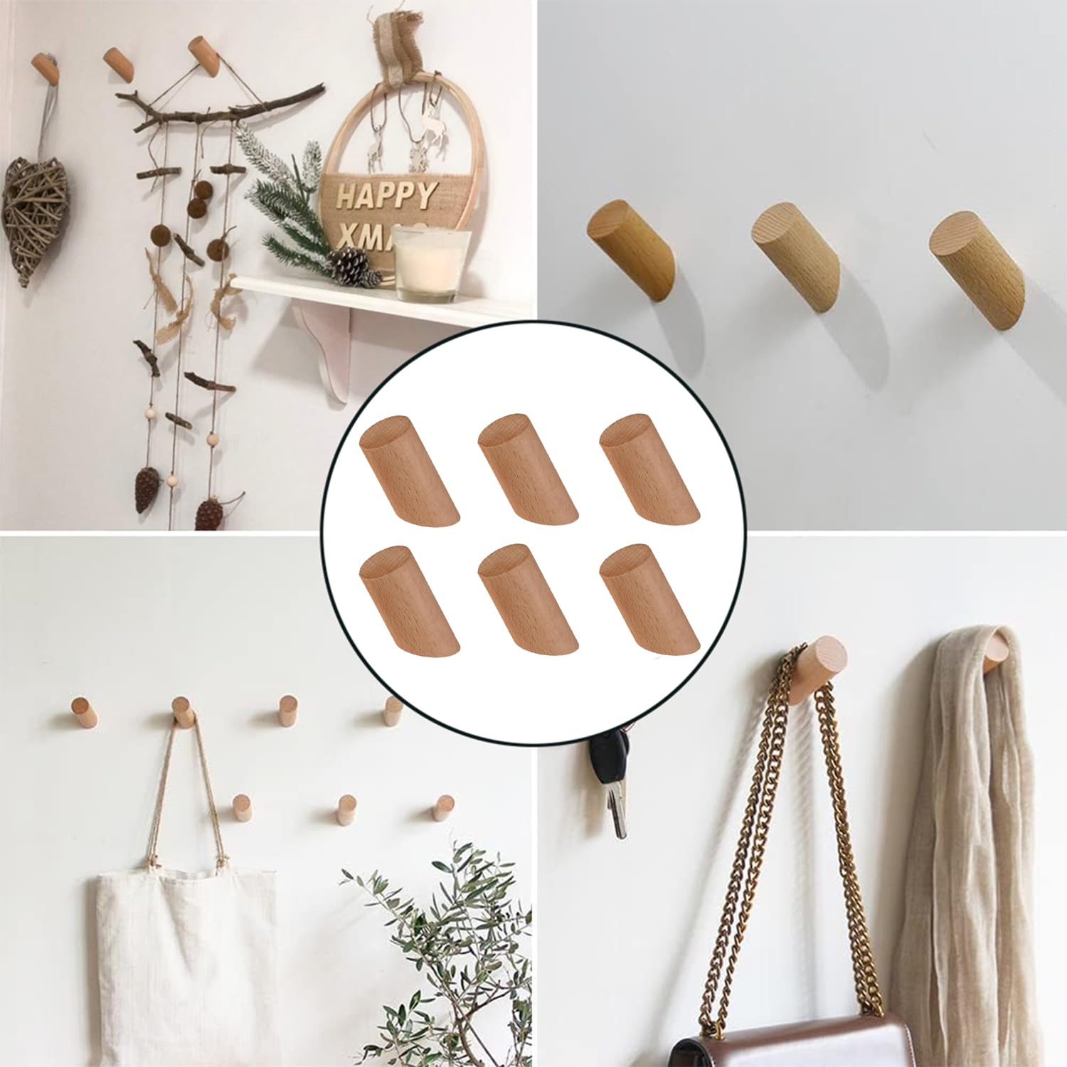 6 Pezzi Ganci Appendiabiti in Legno Naturale, Gancio Naturale Legno, Ganci Appendiabiti Legno, Faggio Naturale Appendiabiti per La Casa, Appendere, Vestiti Sciarpa, Cappello, Borsa（3 * 10cm）