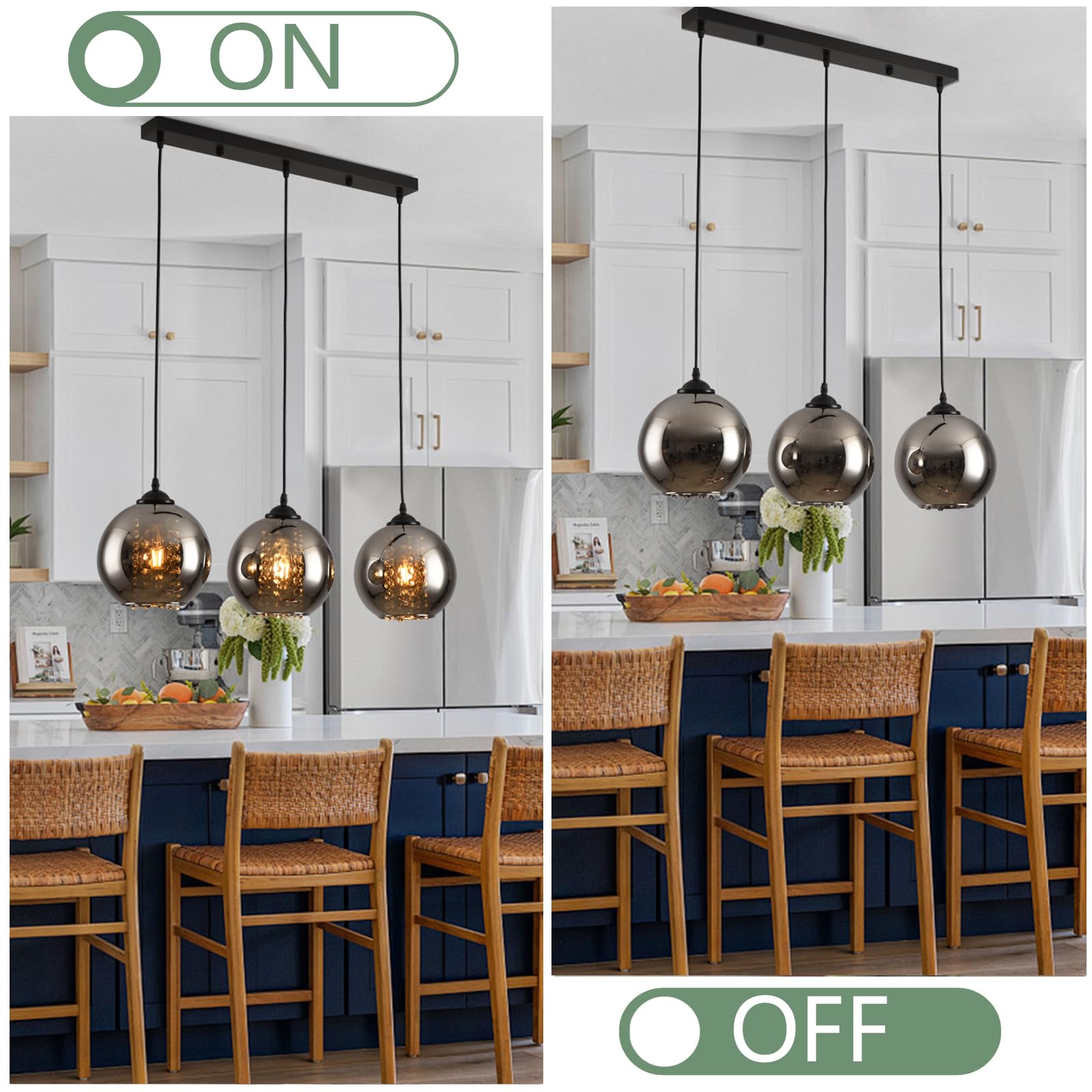 Pendelleuchte Esstisch 3 Flammig Rauchgrau Glas Hängelampe | Höhenverstellbar Esszimmer Lampe Hängend Vintage Esstischlampe Hängend Schwarz E27 für Küchen Esszimmer Wohnzimmer