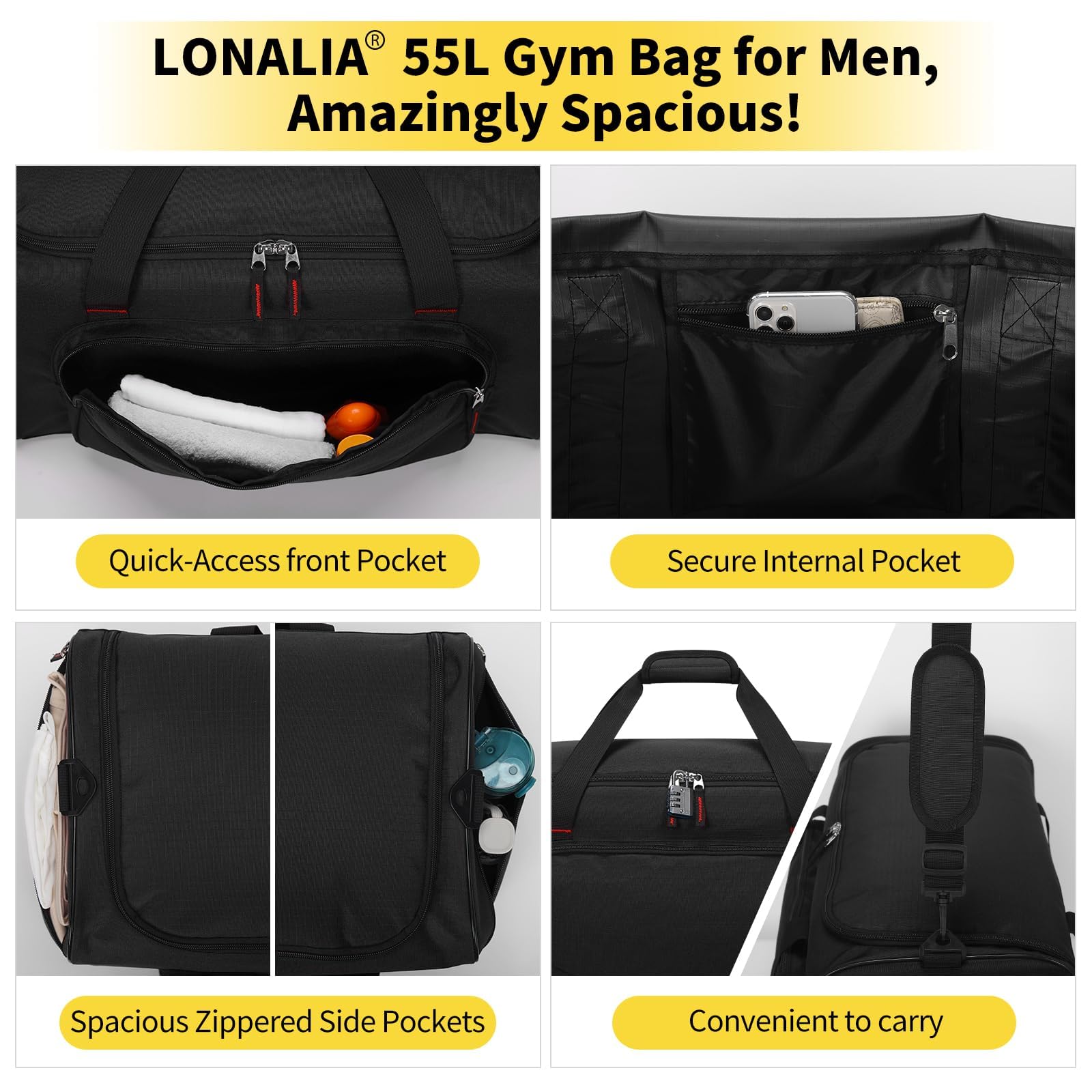 Grand Sac de Sport Homme 55L - Sac de Fitness Voyage Gym - Noir