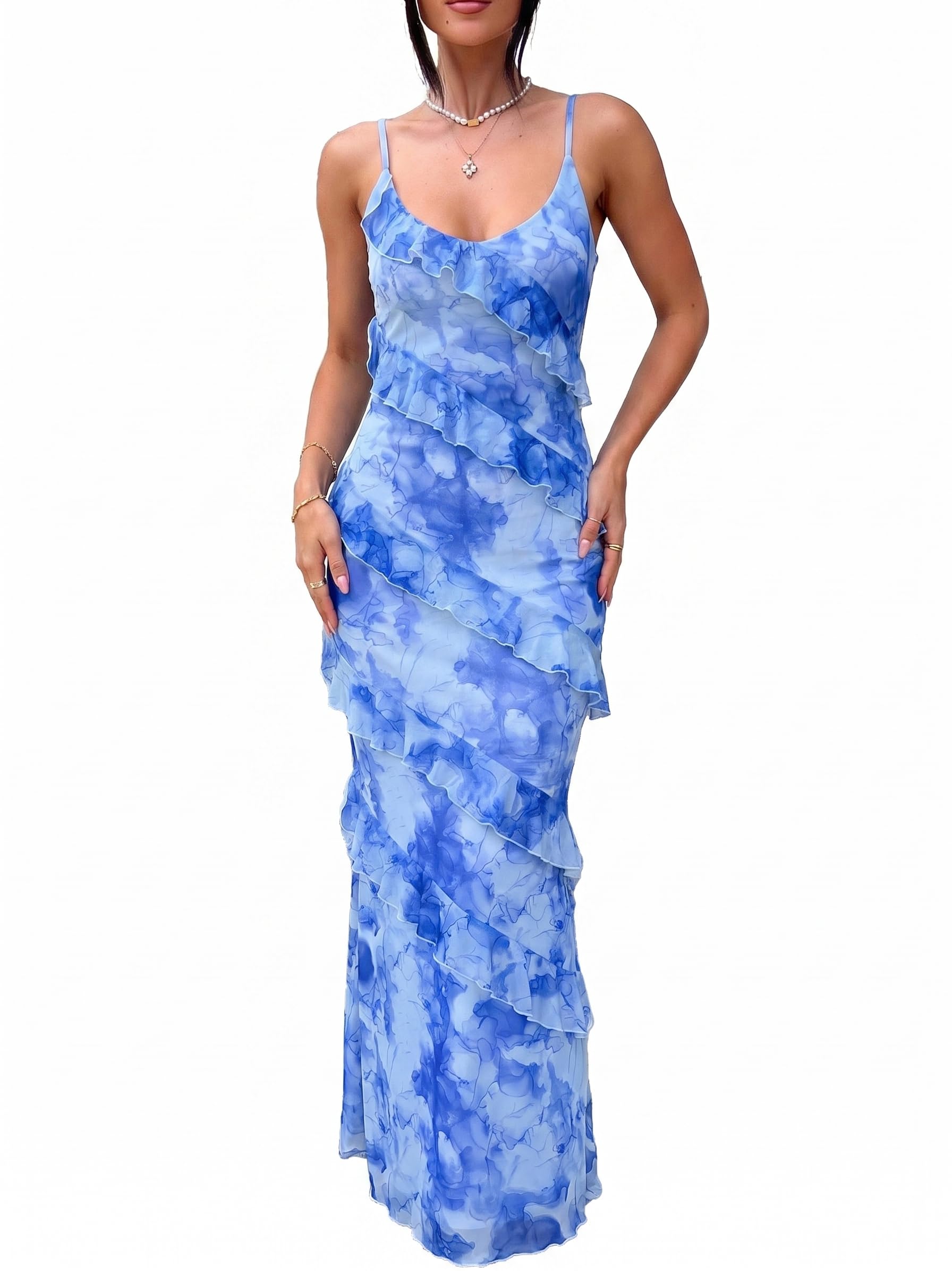 HOCILLE Women's Sexy V Neck Mesh Bodycon Wedding Guest Cocktail Maxi Dress | Sundress Spaghetti Strap Elegant Ruffle Party Long Dresses