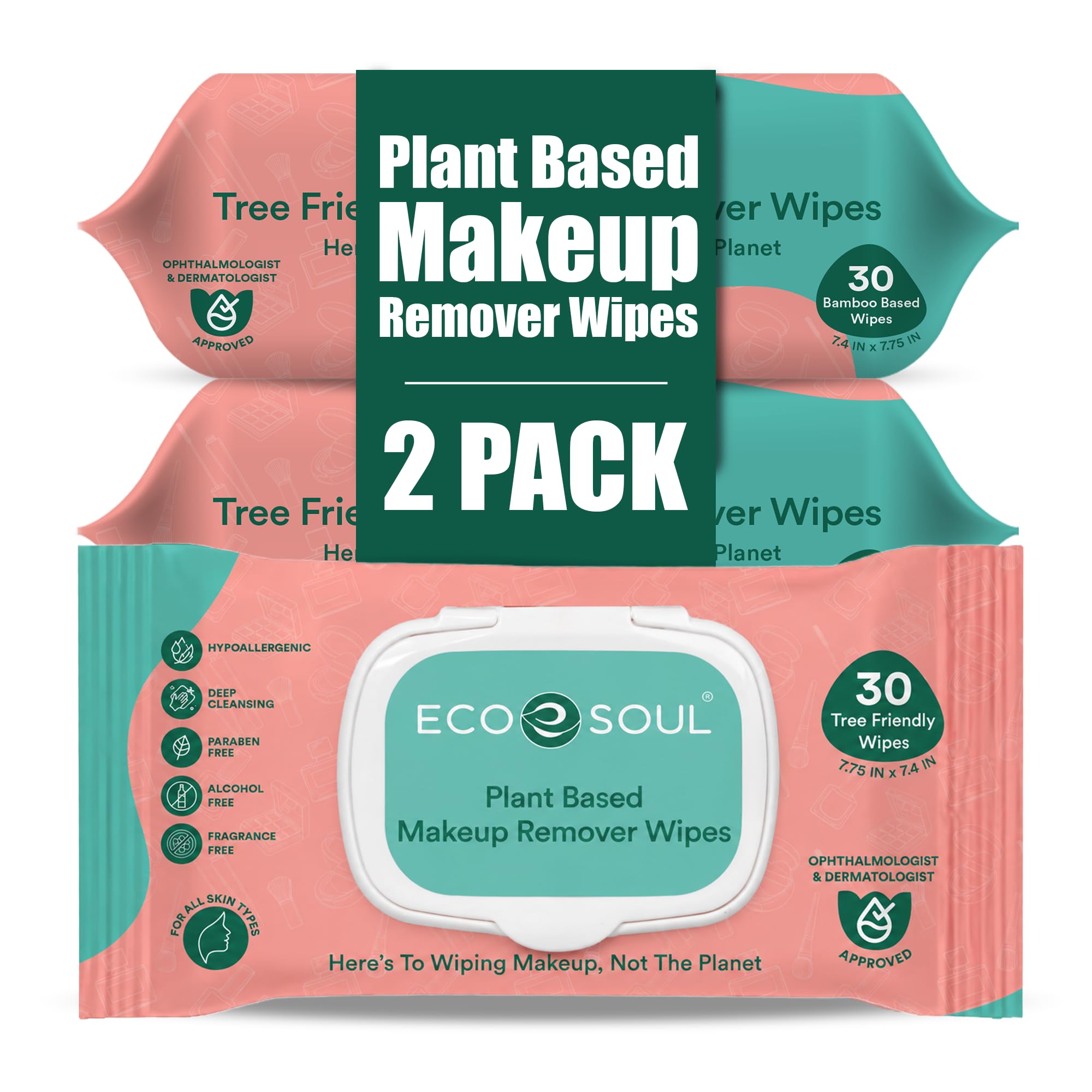 EcoSoul Makeup Remover Wipes Plant-Based 30 Count Per Pack (Pack of 2), Alcohol-Free, Fragrance-Free, Hypoallergenic Face Cleansing Tissues Ophthalmologist & Dermatologist Approved-image-41