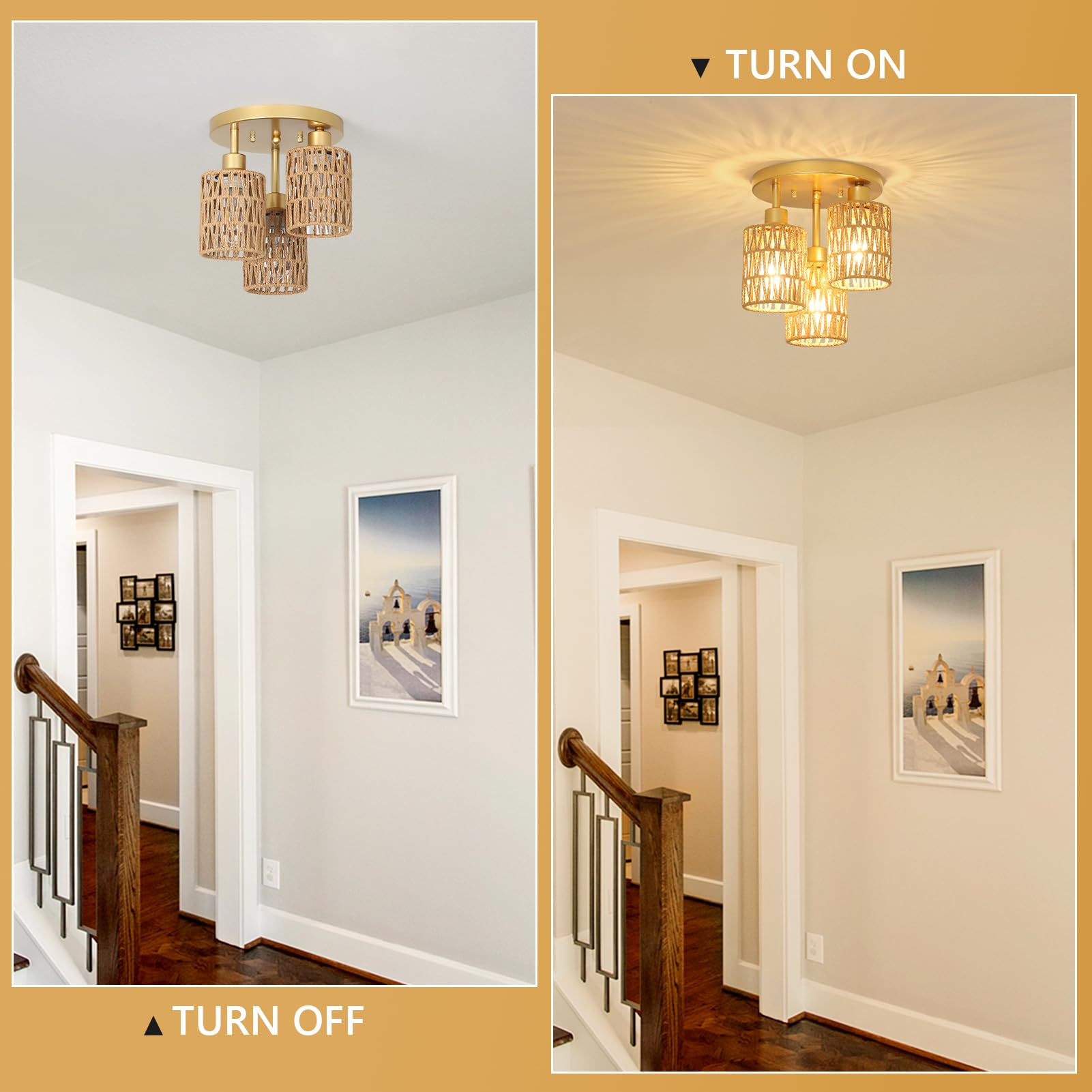 Rayofly Rattan Deckenlampe Hängend, 3-flammige Boho Deckenleuchte mit Rattan Lampenschirm, Vintage Deckenlampe Bambus, Modern Deckenleuchte Wohnzimmer, Gold Korb Lampe für Schlafzimmer, Küche, Flur