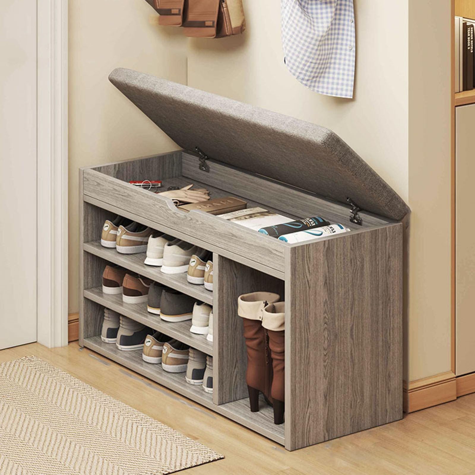 Banc à chaussures en bois avec coussin 80cm pour l'entrée et salon
