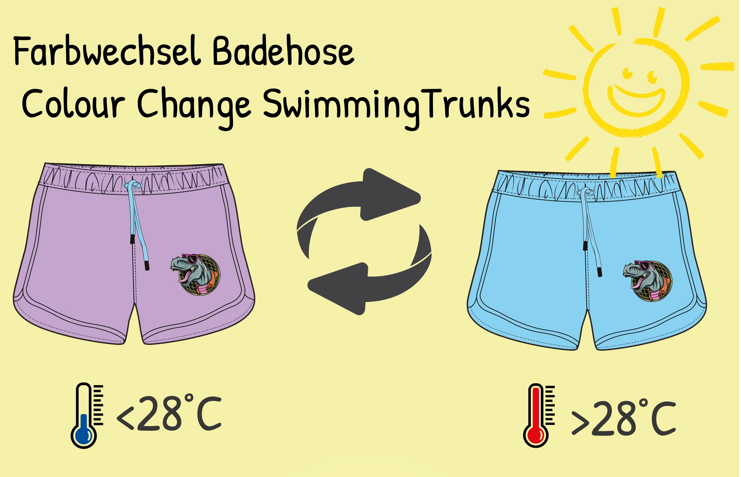 HECKBO Magic Farbwechsel Badehose für Jungen - Dinosaurier Dino - wechselt bei 30° die Farbe - Stretch Hose - hellblau Lila - Badeshorts - Shorts - 3 Verschiedene Größen - 3-7 Jahre - Kinder Jungs