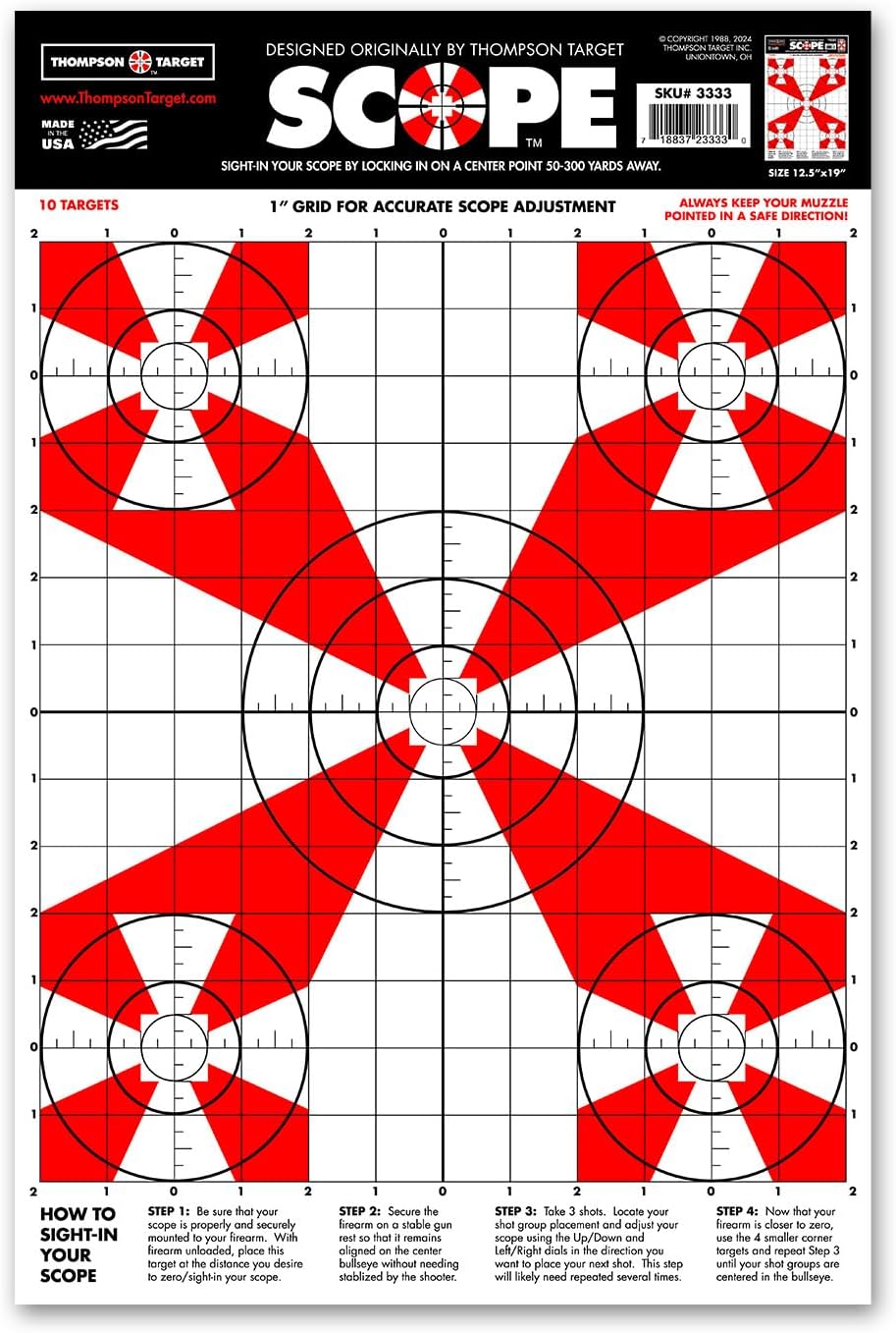 Thompson Target Scope Sight-in Premium Ultra Bright Paper Bullseye Shooting Targets for Rifle and Pistol Optics Alignment w/1 Inch Grid - Made in The USA