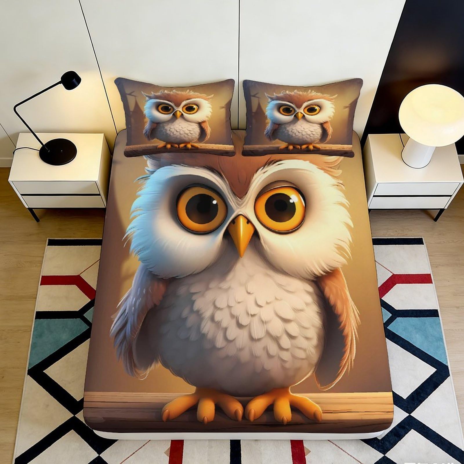 Pnayamiorkfel Style-3 3D Printed Cartoon Owl Fitted Sheet Microfiber Soft Breathable Brown Big-Eyed Mattress Cover For Bedroom Dorm Decor 90X200x25cm