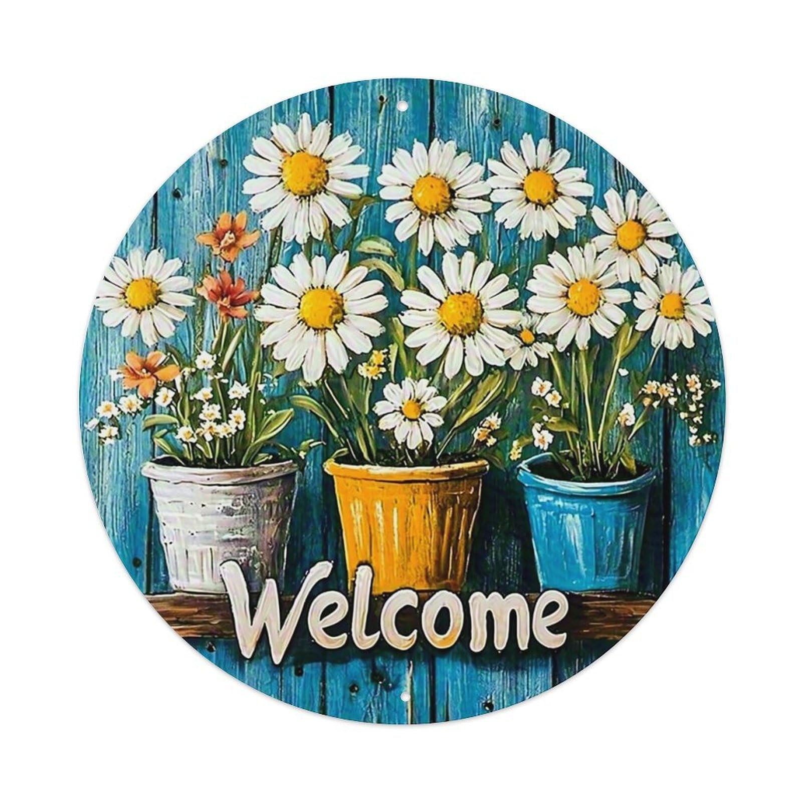 Flowers In Pots Welcome Sign Round Metal Tin Sign Vintage Wall Decor, Bar Garage Cafe Kitchen Home Wall Art Poster 8x8inches