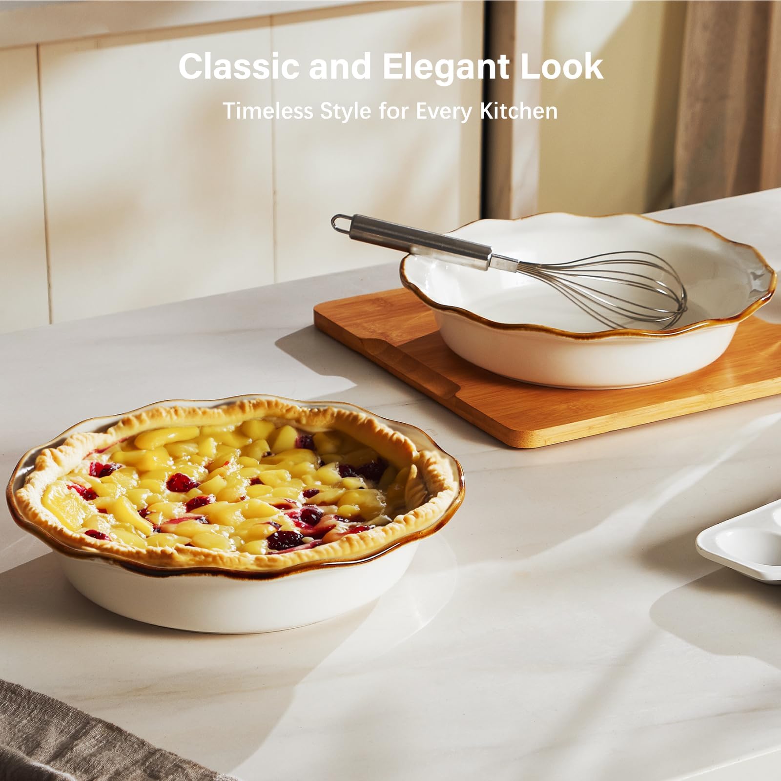 ONEMORE Moule à tarte en céramique de 22,9 cm de profondeur - Passe au four - Pour tartes au poulet, quiches et tartes, blanc rustique pour des croûtes parfaites - Grand plat de cuisson avec bord
