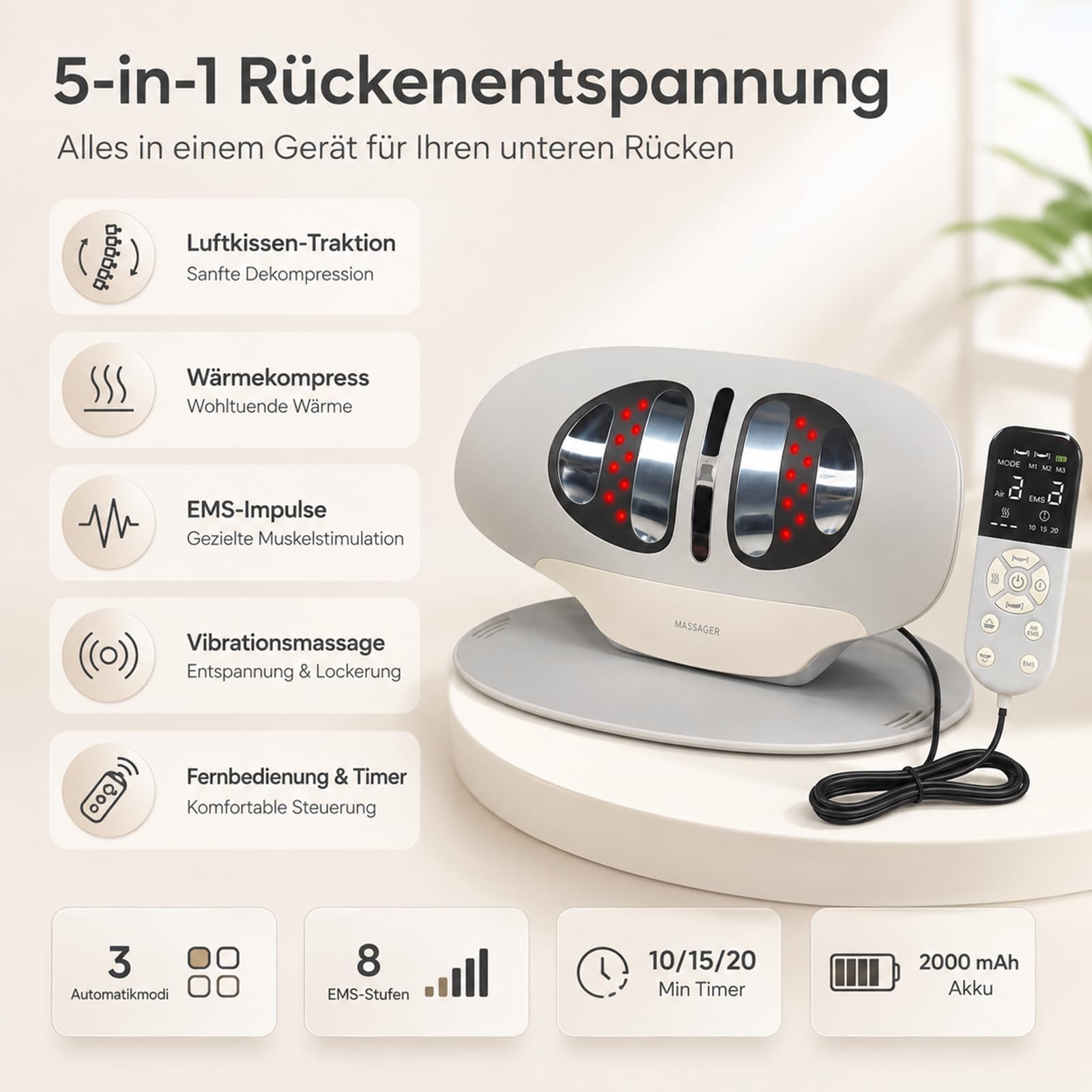 Rückenmassagegerät mit Wärme, EMS, Vibration und Airbag-Traktion