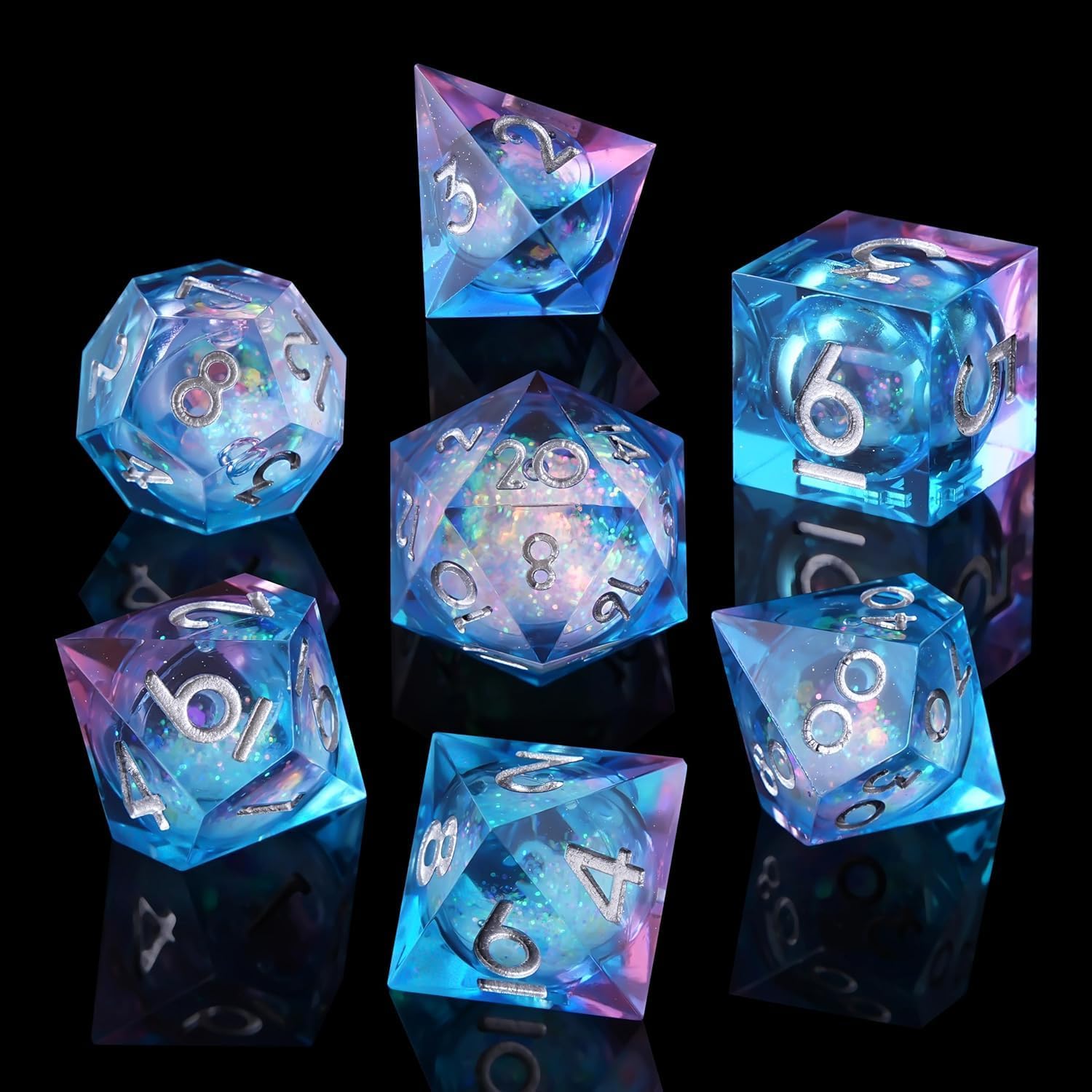 Liquid Core DND Dice Set, 7pcs Sharp Edge Dice for Role Playing Dungeons and Dragons Ttrpg with Gift Box, Handmade Resin D&D Dice RPG Role Playing Games Dice Set(Blue-Purple& Quicksand) image 3