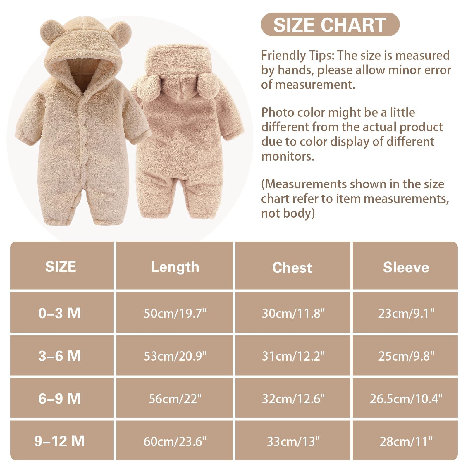 Neugeborenes Baby Bär Schneeanzug Kleinkind Fleece Strampler Baby mit Kapuze Jumpsuit Winter Warm Outwear für Mädchen Jungen 0-12M