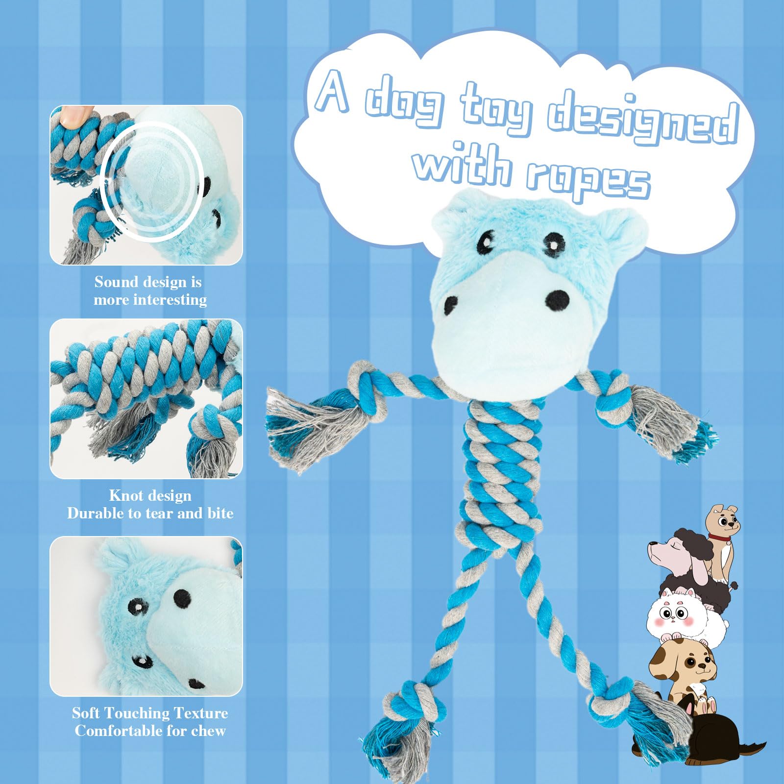 JMZDS&JL Juguetes resistentes para cachorros y perros pequeños y medianos, tira y afloja y animales de peluche para divertirse con la dentición y masticar (Hippo)
