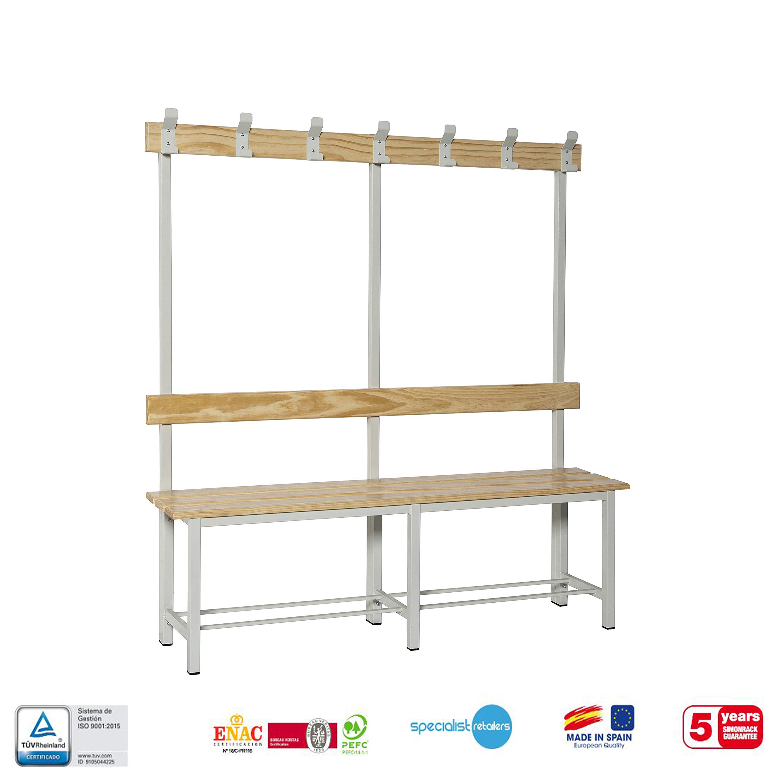 Simon Rack Banco Vestuario Madera Pino Barnizado, 1500x1600x350 mm, Banco con Perchero, Estructura Acero, Desmontado, Simonlocker