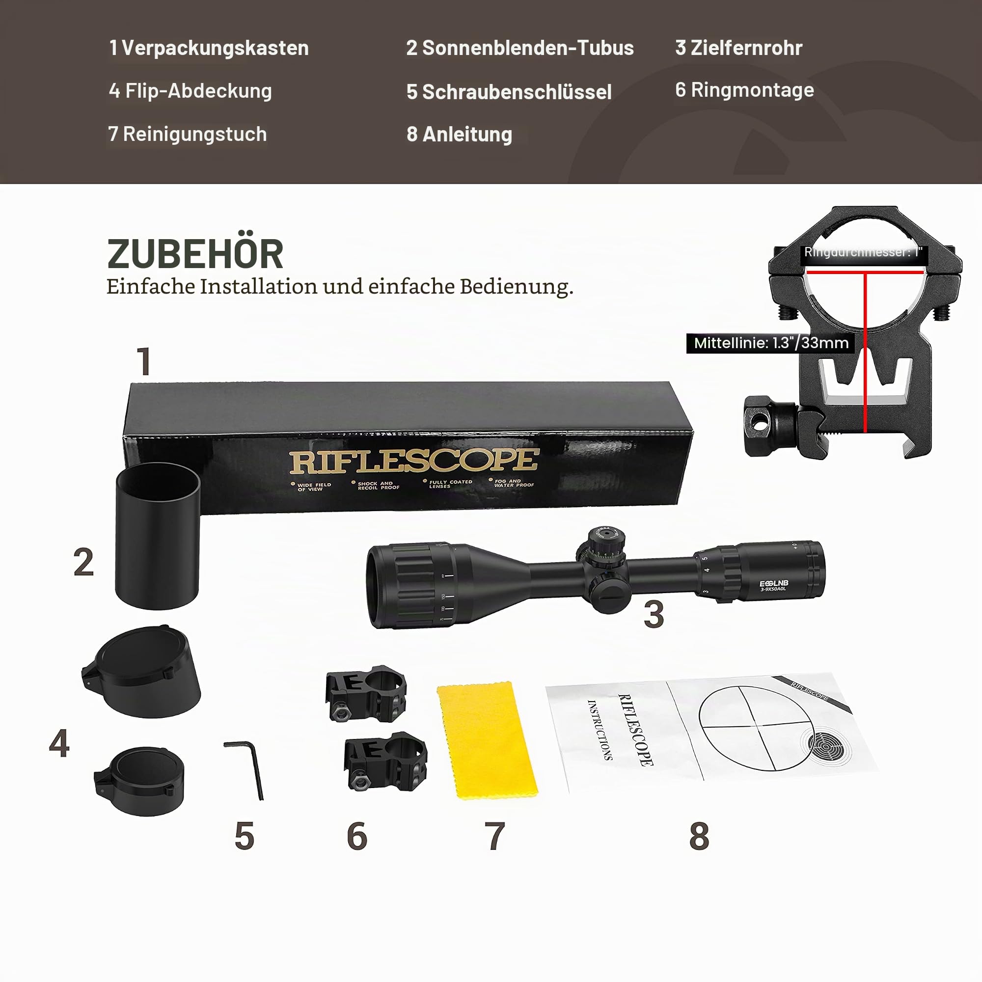 ESSLNB Zielfernrohr 3-9x50MM Airsoft Luftgewehr Rot/Grün/Blau Mil Dot mit 20mm/22mm Picatinny-Schiene Montage 3-stufige Helligkeit inkl. Sonnenblende für Taktische Armbrust Jagd und Sport