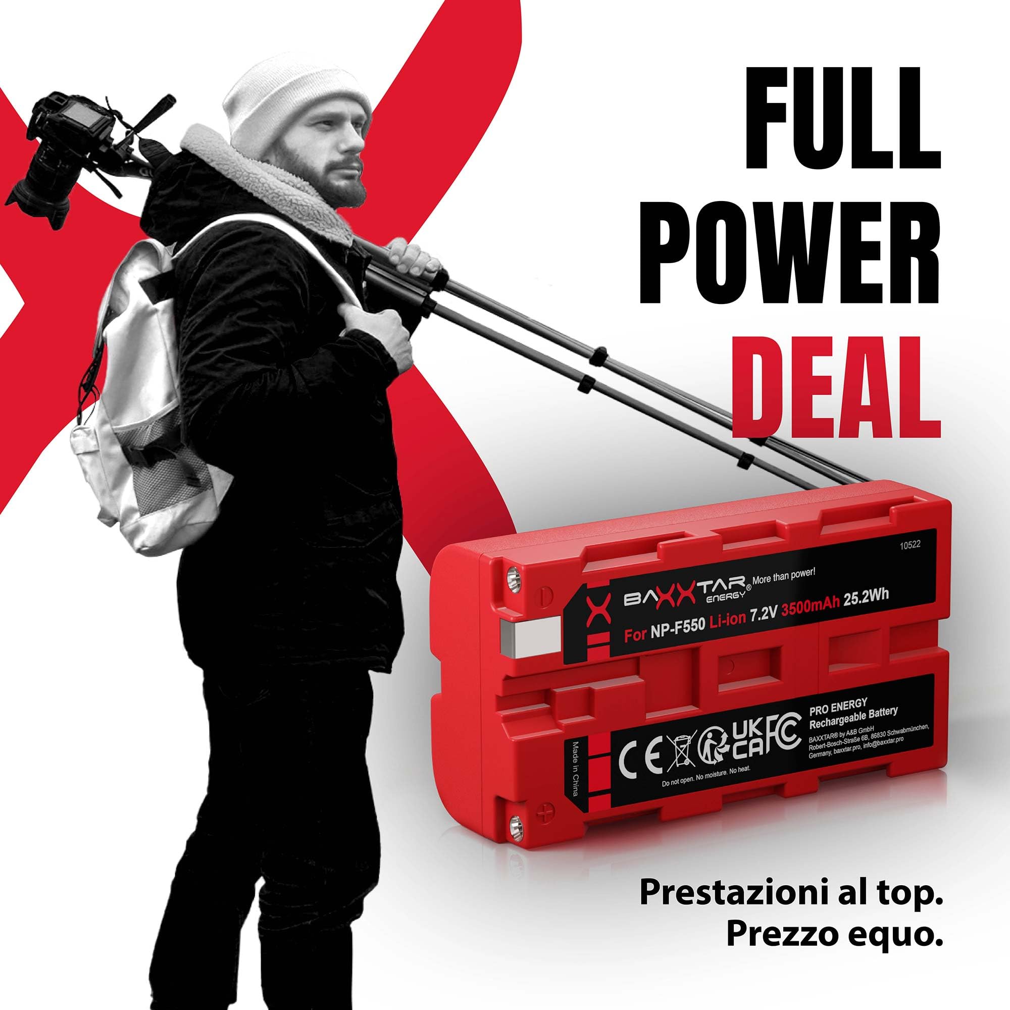 Baxxtar PRO 2x Batteria NP-F550 NP-F570 (3500 mAh / 25,2 Wh) con celle LG – per luci video LED (CN-160 YN-300), monitor da campo e dispositivi Sony NP-F – formato compatto F550