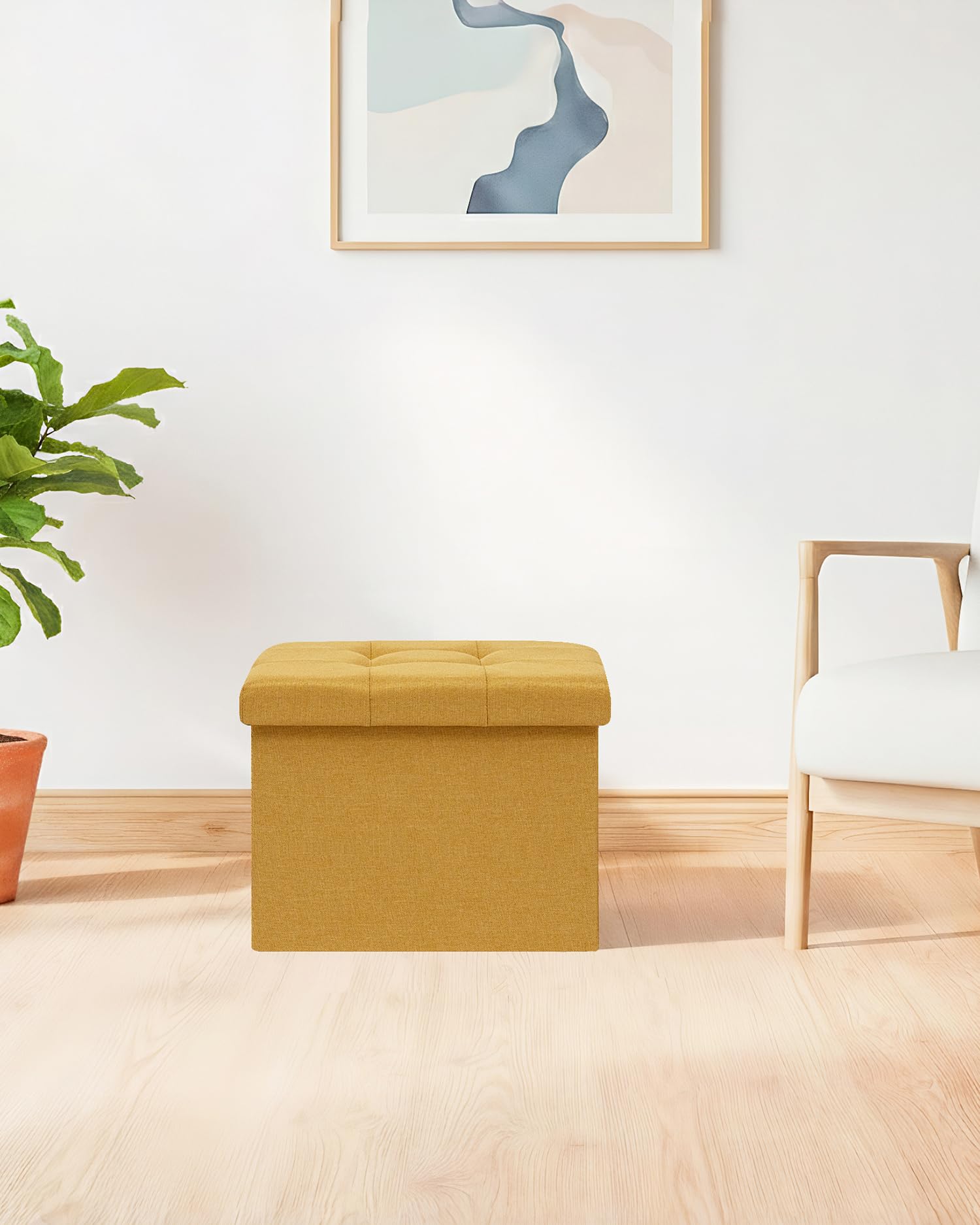 Bonlife Pouf Contenitore Panca Sgabello Contenitore, Piccoli Tavolino Salotto Lino Cubo Portaoggetti Pouf da Camera Quadrato per Soggiorno, Camera da Letto, Ingresso,42x32x32cm Zenzero
