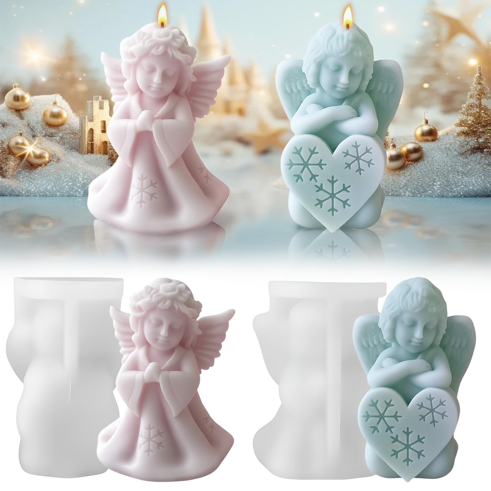 Stampi per Candele Natalizie, Stampi in Silicone per Candele, 2 Pezzi 3D Stampo per Candele Albero di Natale, Candle Mould per Candele Profumate Sapone, Decorazioni Natale (Angelo)