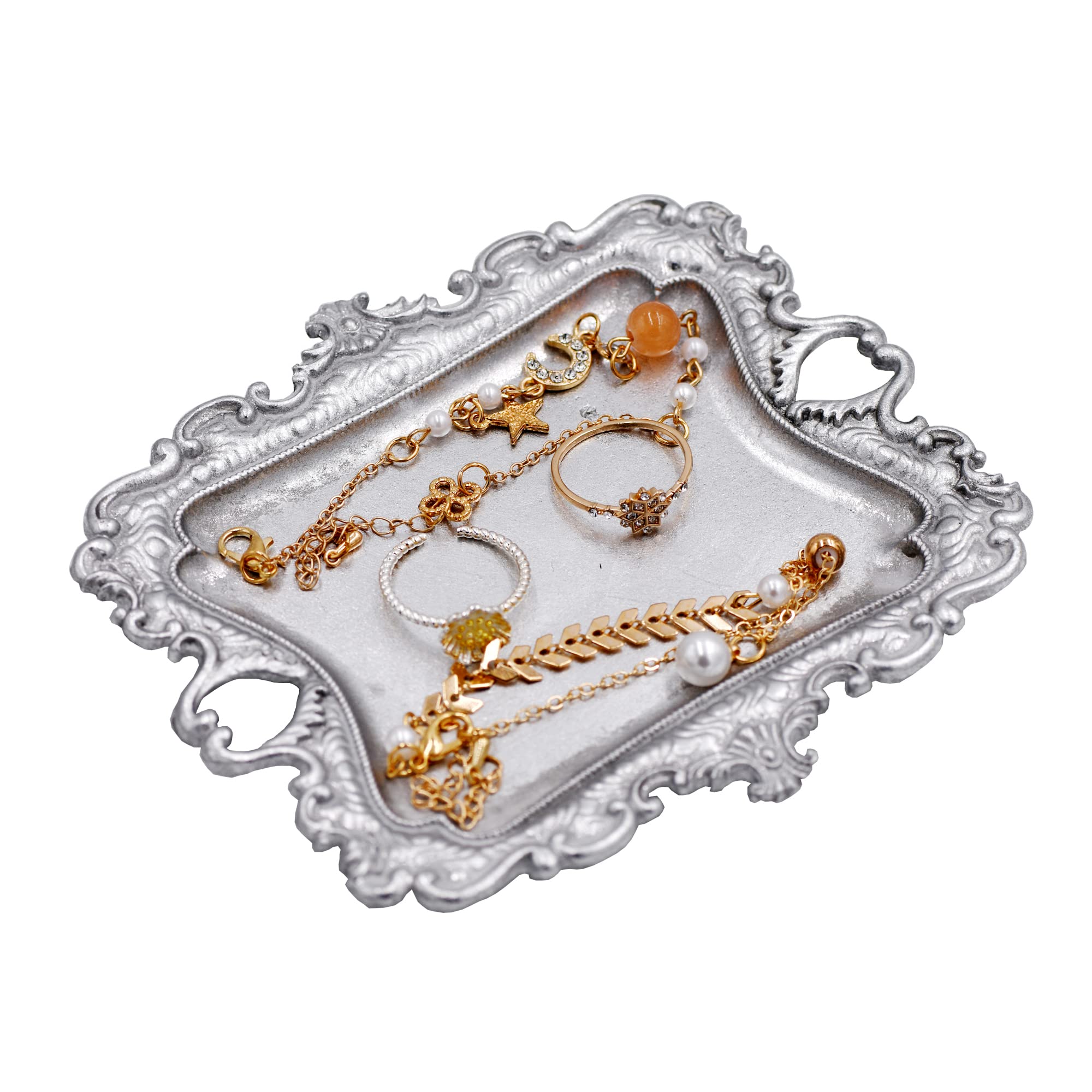 Funly mee Antique Trinket Dish Vintage Jewelry Tray, Ring Holder (Sliver, S)
