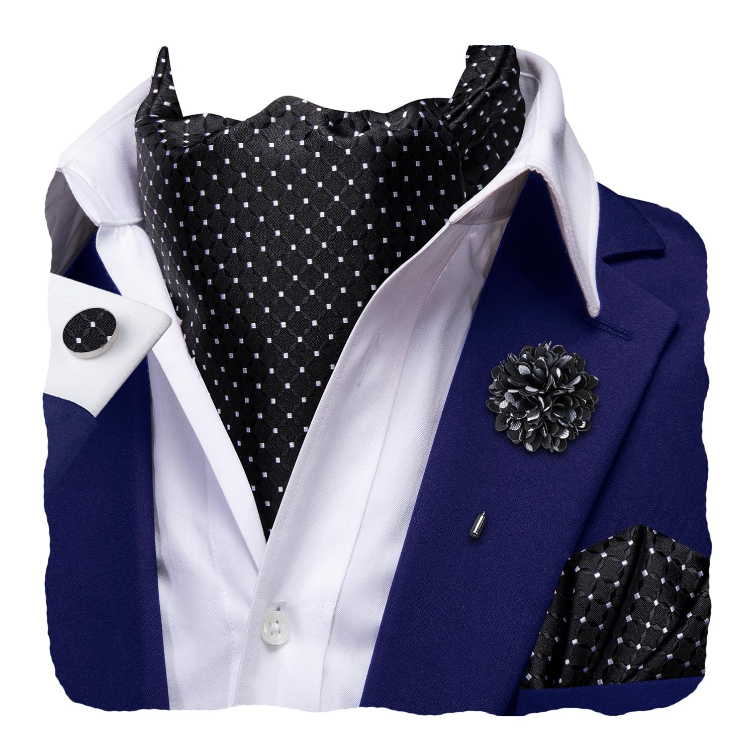Hi-Tie Silk Ascot for Men Self Tie Men's Cravat and Flower Lapel Pin Handkerchief Cufflinks Set for Wedding Party