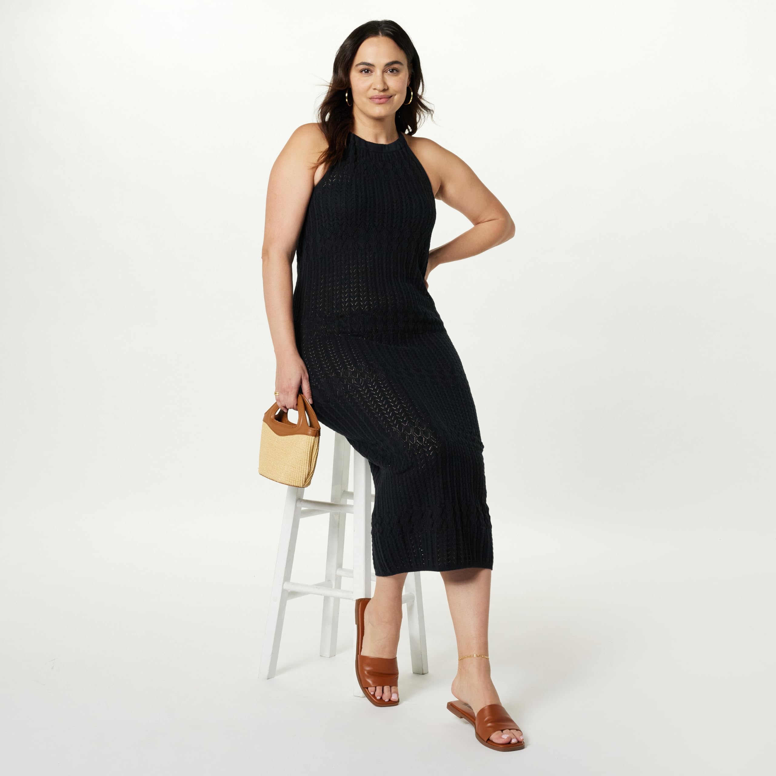 The Drop Vestido midi Jayla para mujer, en croché, con tirantes