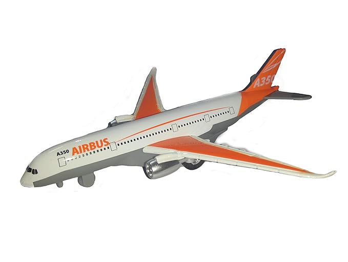 IndusBay Diecast Alloy Metal Airbus A350 Airplane Model, Pull Back W/Sound Light Aircraft Model Aeroplane Desk Toy for Kids (Orange, 7.6 Inches)
