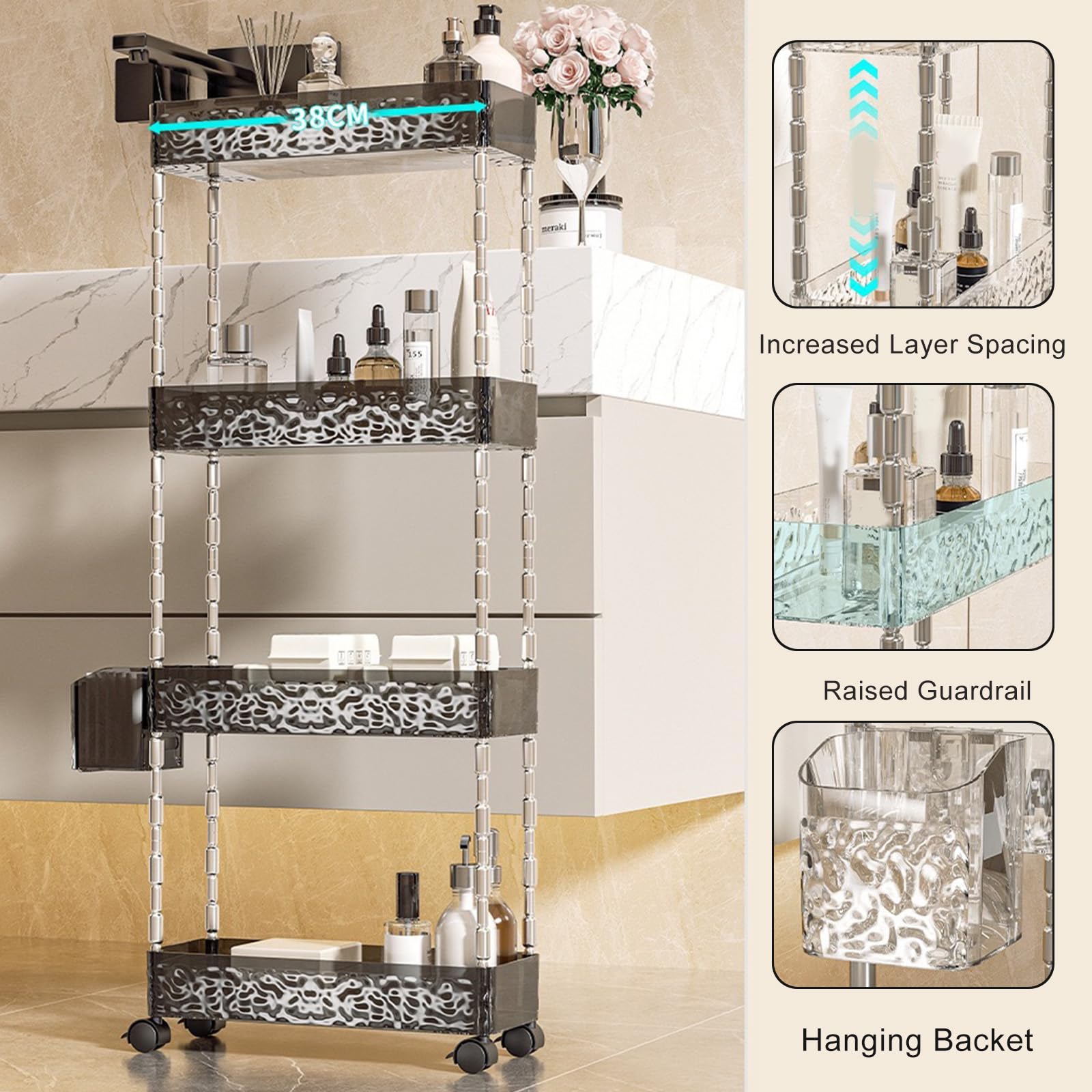 Carrito de almacenamiento, estantería móvil con cerradura para cocina y baño, 2-4 niveles, diseño delgado para una organización eficiente