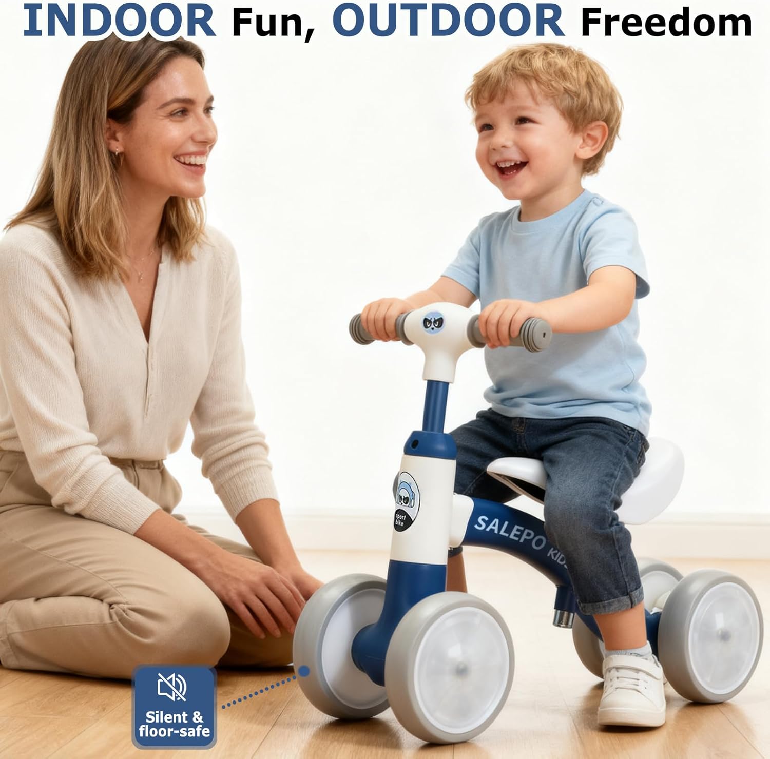 Baby Balance Bike Toy for for 12-36 Months, Toddler Balance Bike with Adjustable Seat, Handle &4 Silence Wheels No Pedal, Pre-School First Ride for Boy Girl First Birthday Gift