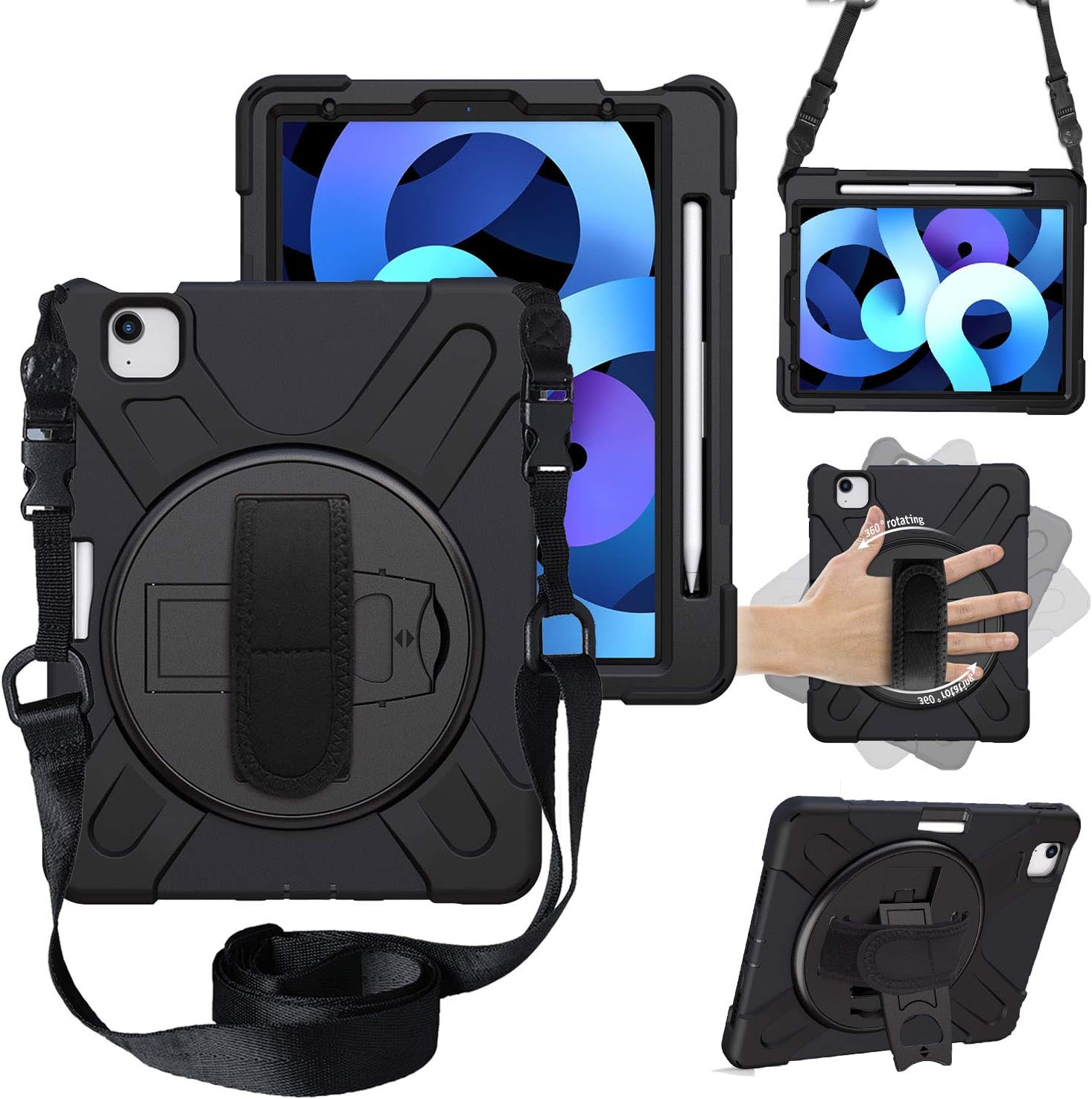 CWNOTBHY iPad Air 4th Generation Case 10.9 Inch 2020 / iPad Pro 11 Inch 2020&2018, Heavy Duty Shockproof Protective Case with Hand Strap, Black