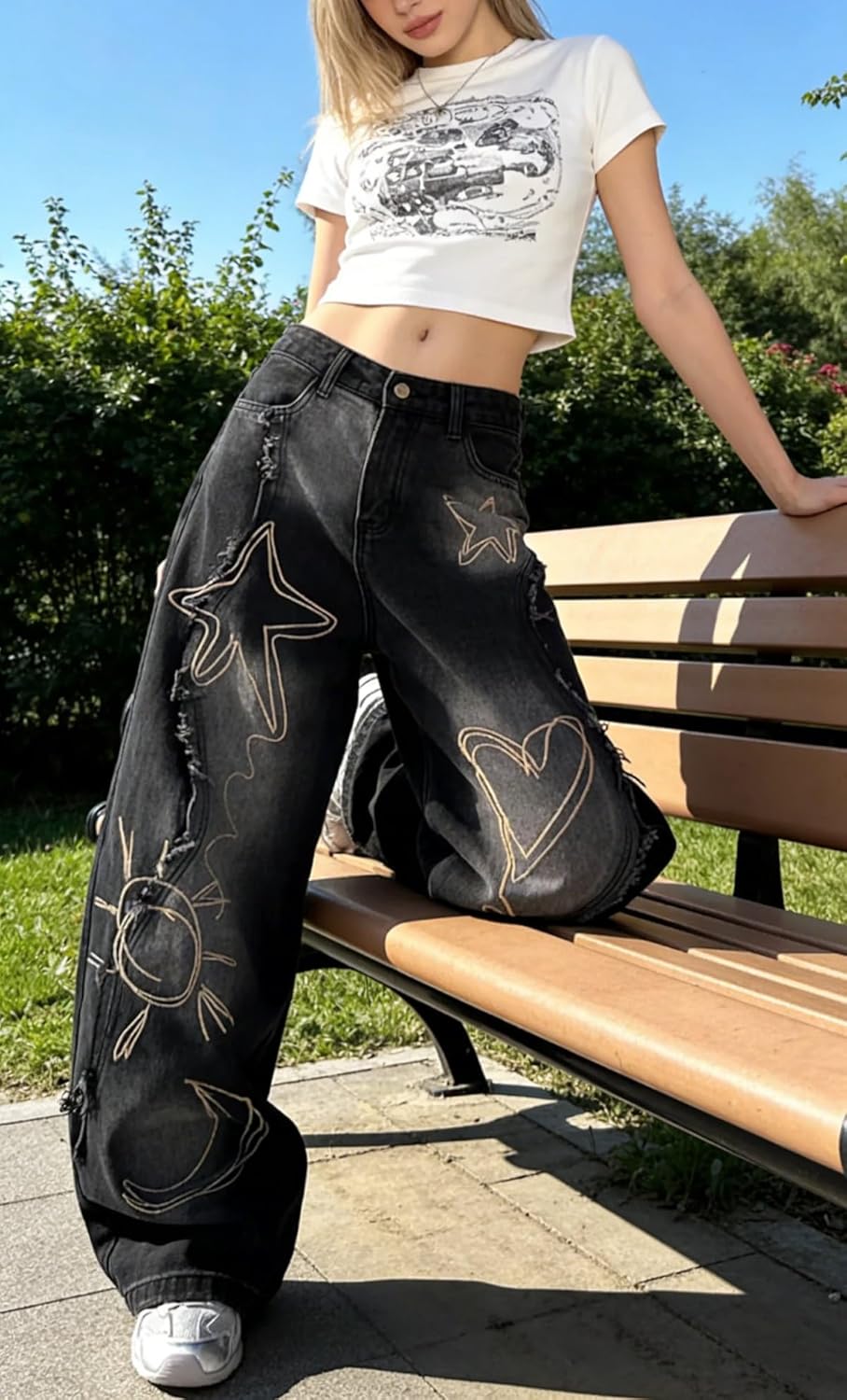 Unisex Y2K Graffiti Baggy Jeans – Vintage Wide Leg Oversized Streetwear Denim Pants with Star Heart Print - Image 3