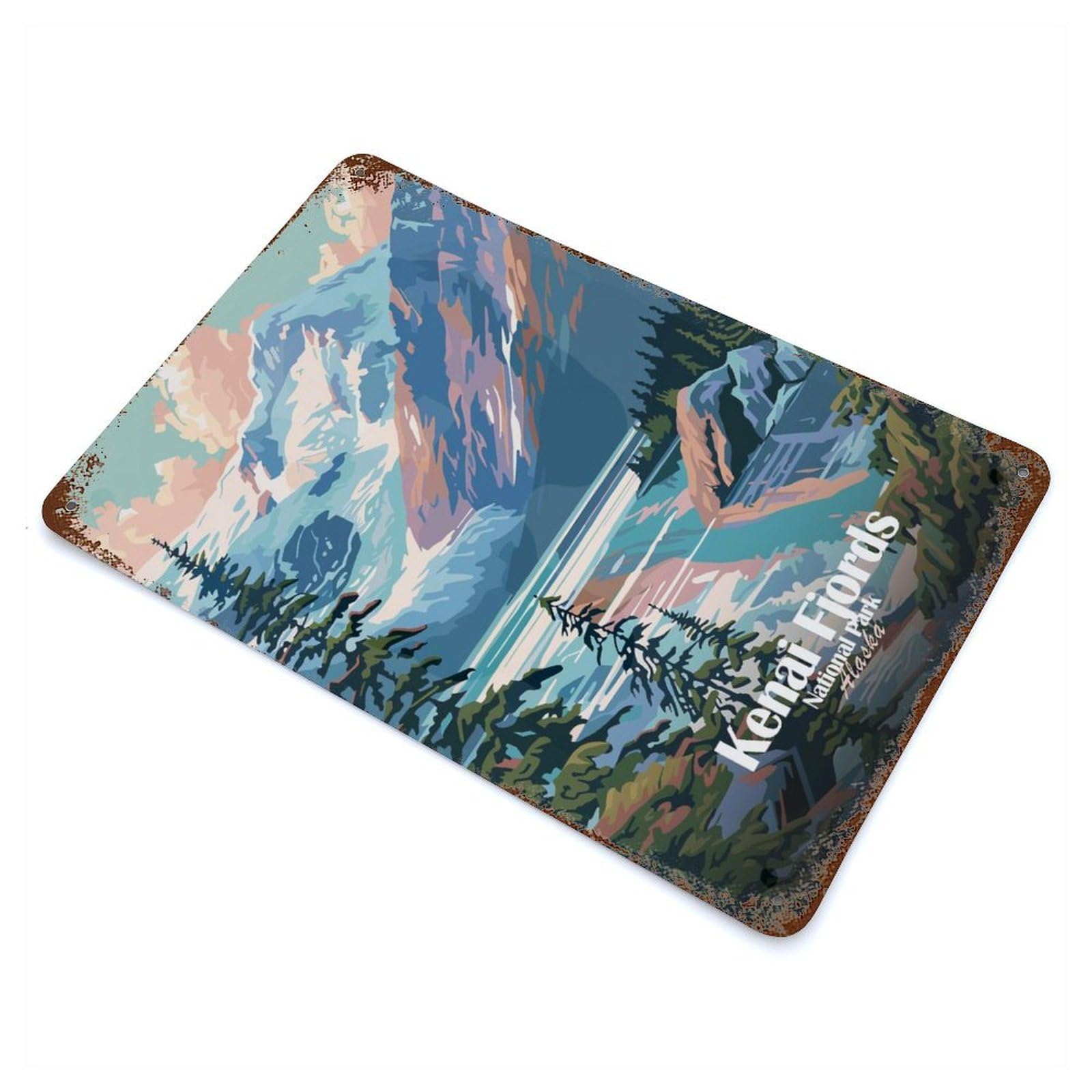 Aged Metal Wall Plaque with Kenai Fjords National Park Design 11.8"x7.9", for Garage, Bar And Workshop Decor, Rustic Home Decor