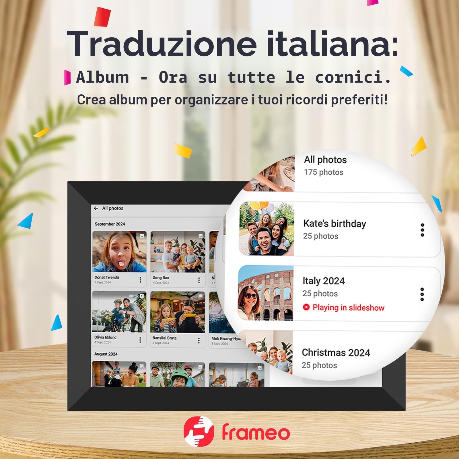 dxmart FRAMEO - Cornice per foto digitale WiFi da 32 GB, schermo LCD Touch WXGA IPS da 10,1", cornice per foto Smart Cloud con rotazione automatica, condivisione dei momenti tramite l'app Frameo