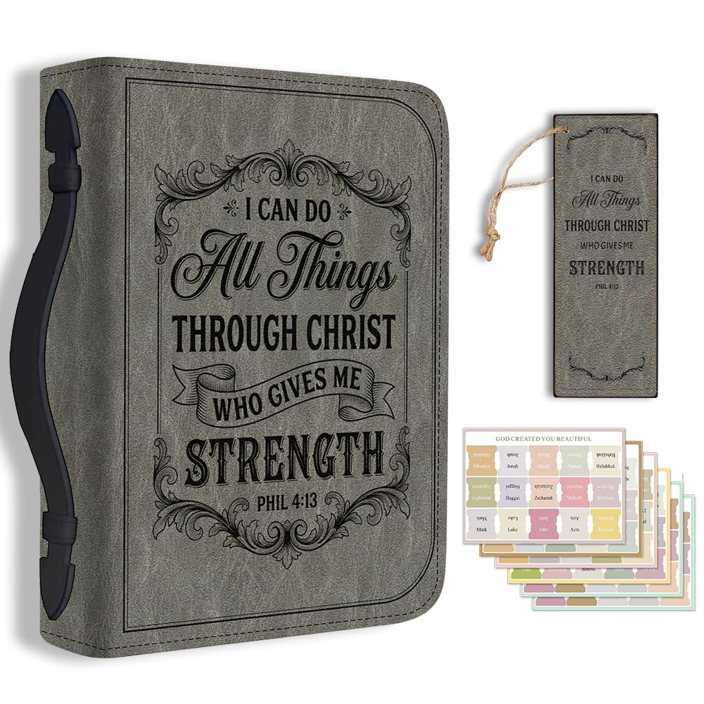 TNKBREEZE Vintage Men's Bible Cover Gray PU Leather Book Carrying Bag with Bookmark All Things Through Christ Inspirational Verse Book Case with Handle Zipper Christian Gift Church Study11.2×8×2.3inch