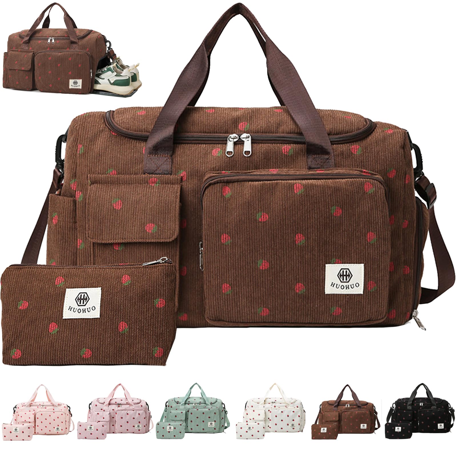AUNGKWANG Corduroy Strawberry Travel Duffel Bag Set, Dance Bags for Girls with Little Strawberry Wallet, Sports Bags Women Foldable Gym Sports Bag