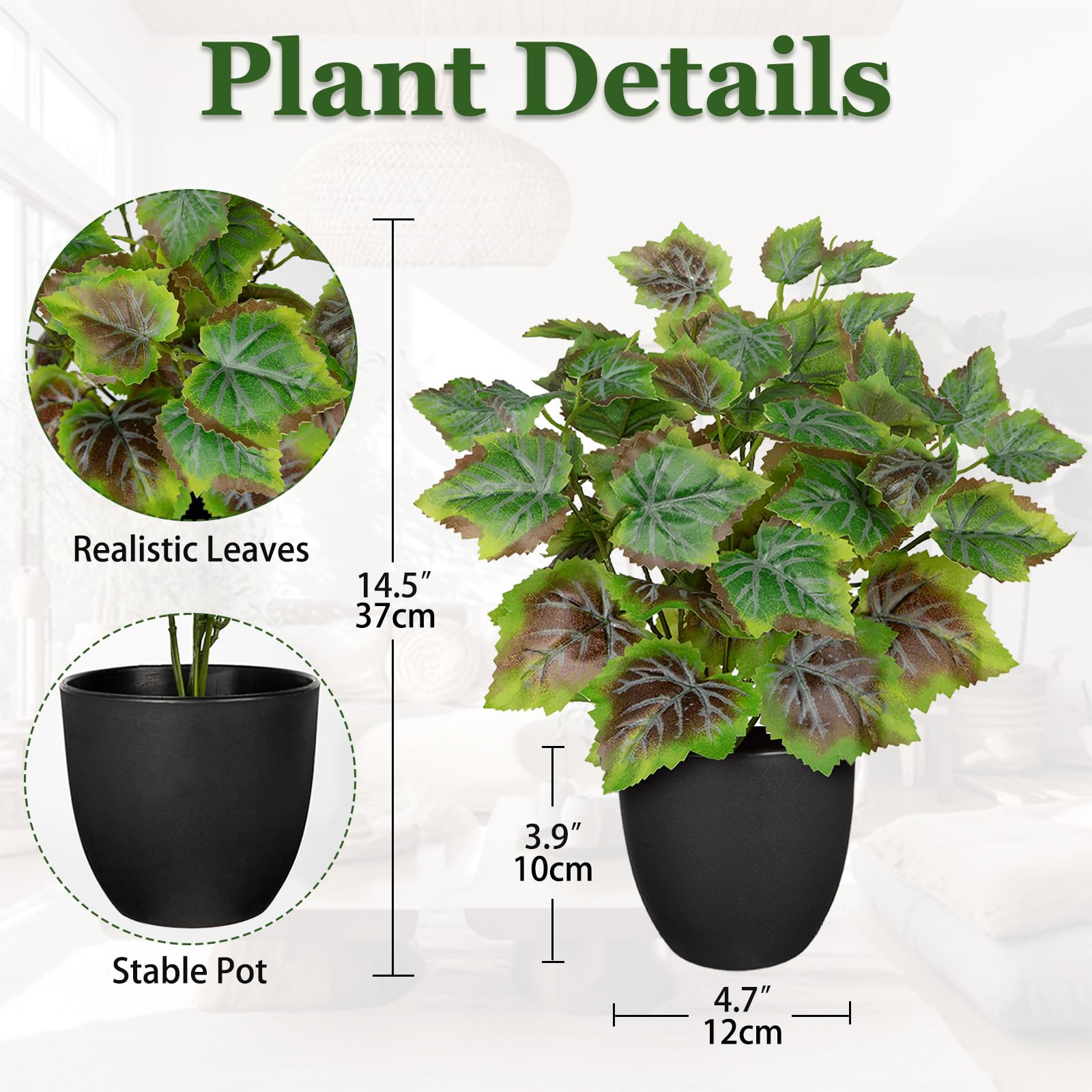 Oairse Fake Plants 37cm Artificial Plants Indoor with Black Pots Decorative Fake Potted Plants Realistic Faux Grape Leaf Vine for Home Office Kitchen Bathroom Living Room Shelves Desk Décor - Image 2