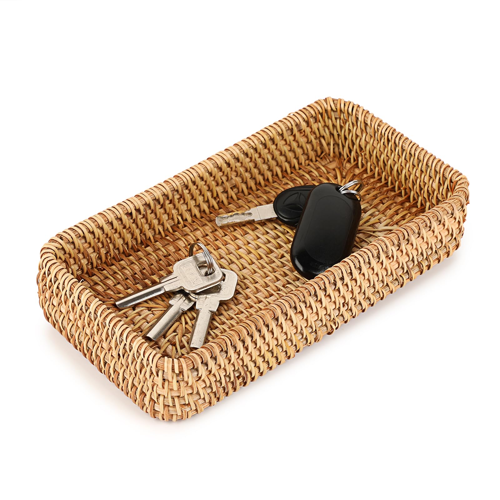 IGNPION Rattan Keys Caddy Tray, Small Woven Wicker Entryway Decorative Basket, Coffee Table Storage Tray for Keys, Vanity, Candle, Ornament, Perfume